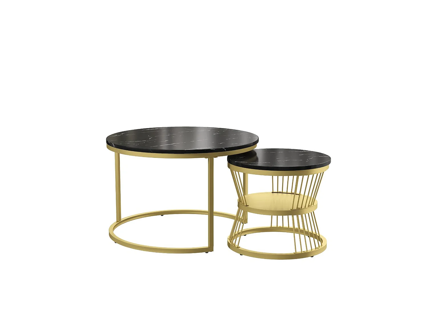 Lot de 2 tables basses gigognes rondes effet marbre, table basse de salon moderne avec structure en métal, noir