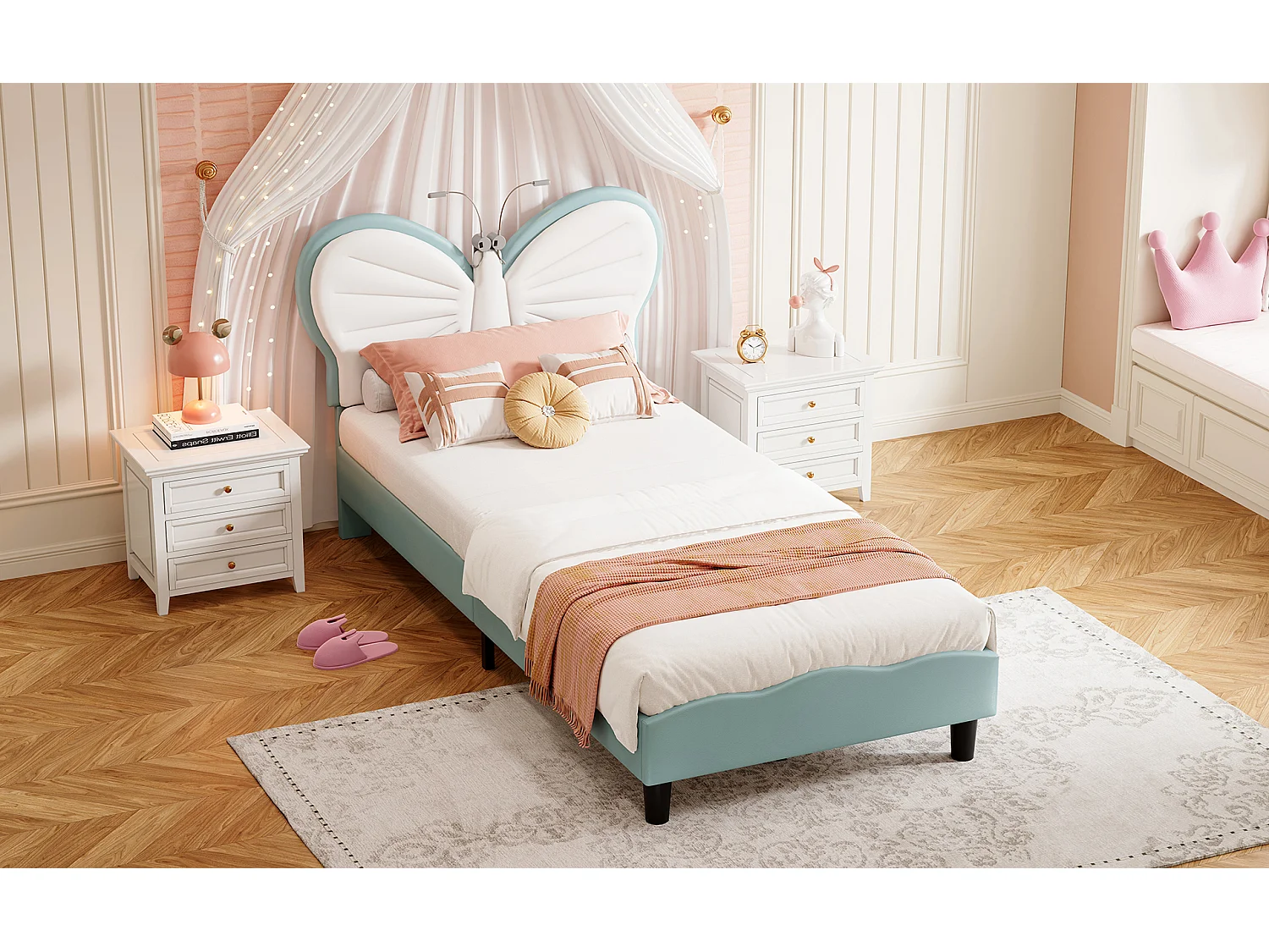 Lit 90x190 enfant avec LED, lit rembourré velours, tête de lit papillon réglable, sommier à lattes