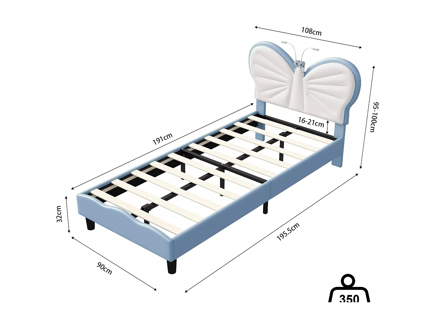 Lit 90x190 enfant avec LED, lit rembourré velours, tête de lit papillon réglable, sommier à lattes