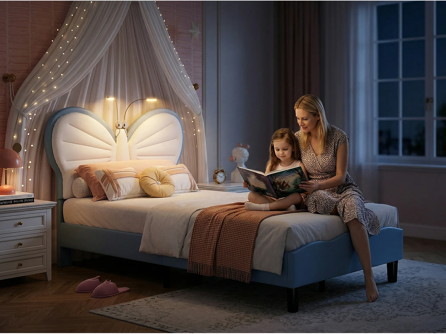 Lit 90x190 enfant avec LED, lit rembourré velours, tête de lit papillon réglable, sommier à lattes