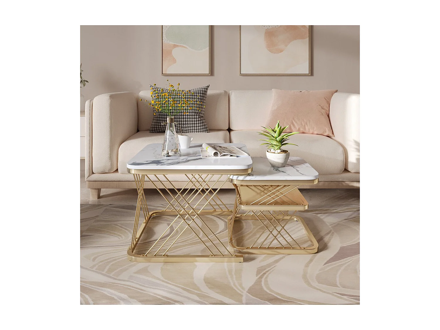 Lot de 2 tables basses gigognes blanches effet marbre, table basse de salon moderne avec structure en métal, noir ou doré