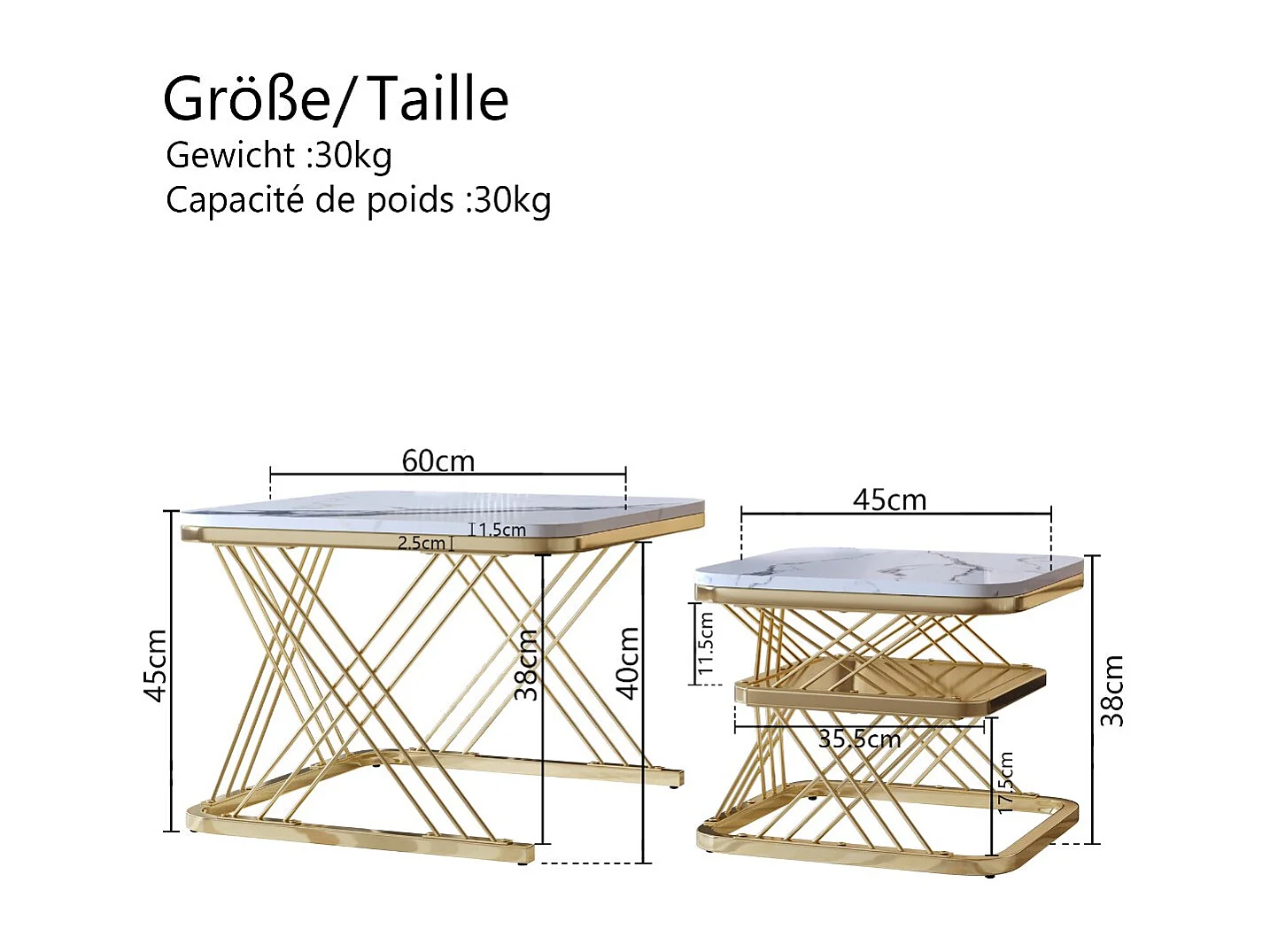 Lot de 2 tables basses gigognes blanches effet marbre, table basse de salon moderne avec structure en métal, noir ou doré