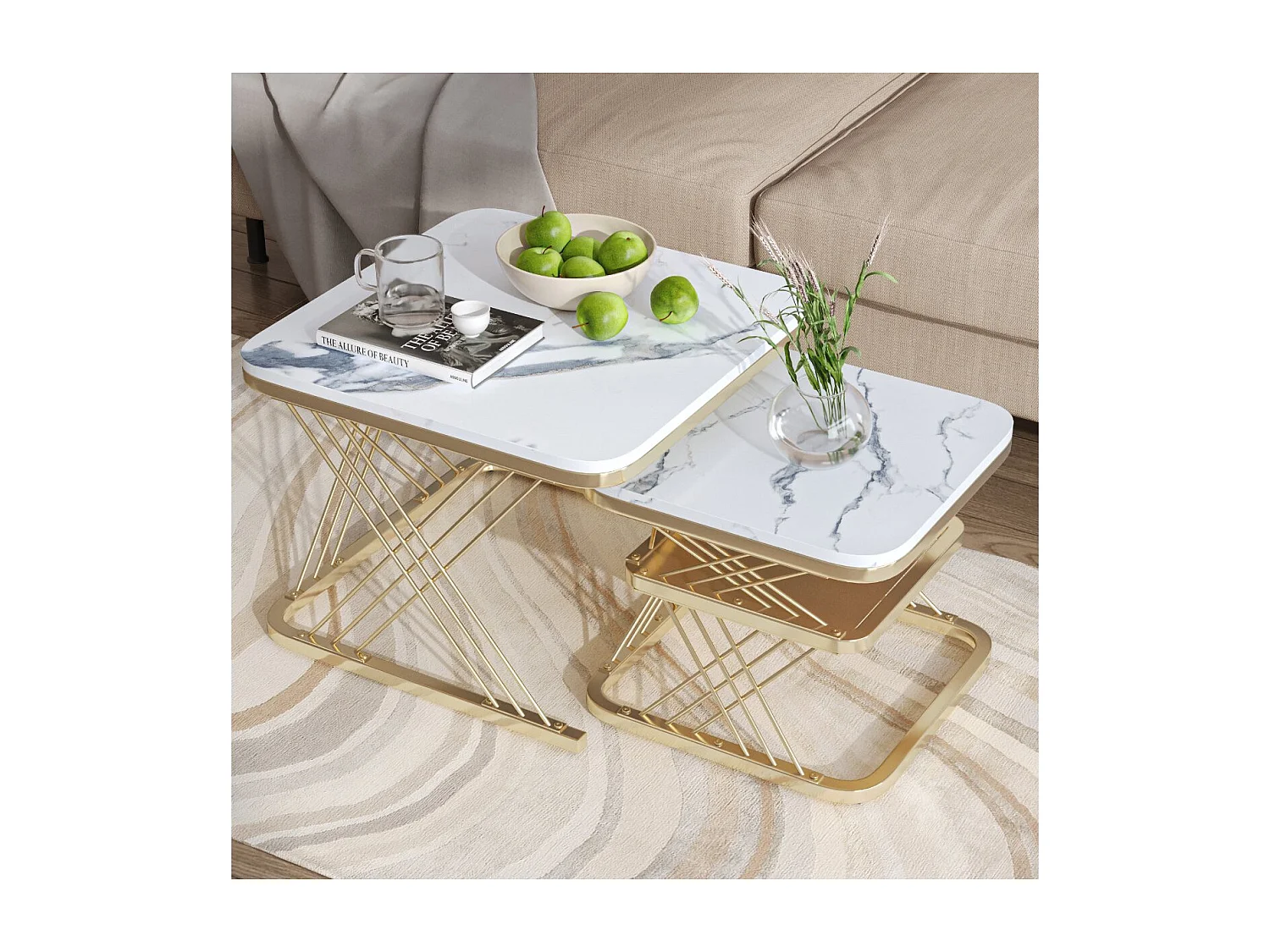 Lot de 2 tables basses gigognes blanches effet marbre, table basse de salon moderne avec structure en métal, noir ou doré