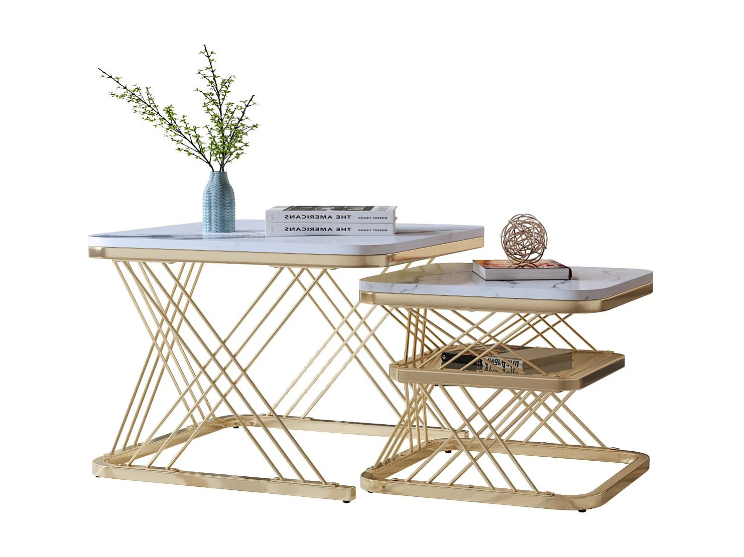 Lot de 2 tables basses gigognes blanches effet marbre, table basse de salon moderne avec structure en métal, noir ou doré