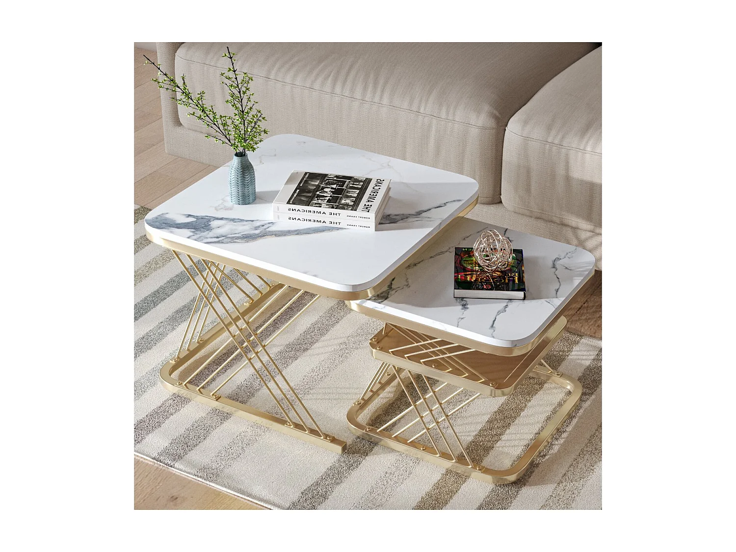 Lot de 2 tables basses gigognes blanches effet marbre, table basse de salon moderne avec structure en métal, noir ou doré