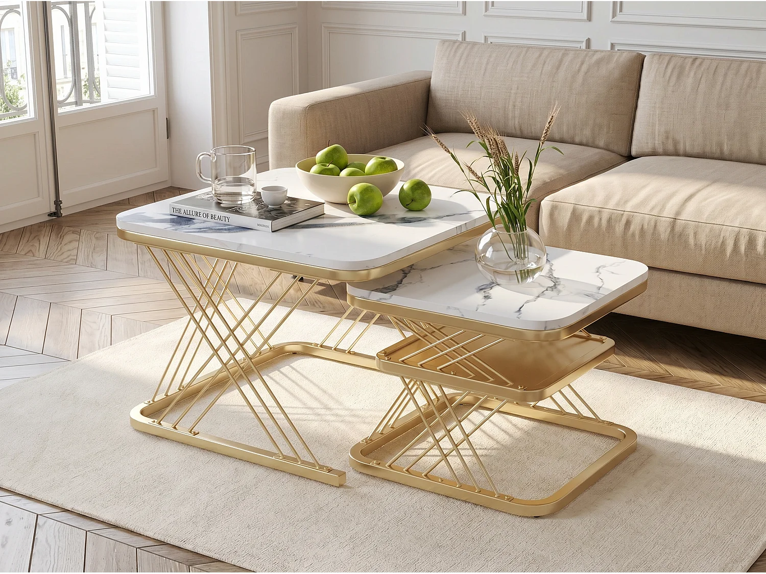 Lot de 2 tables basses gigognes blanches effet marbre, table basse de salon moderne avec structure en métal, noir ou doré