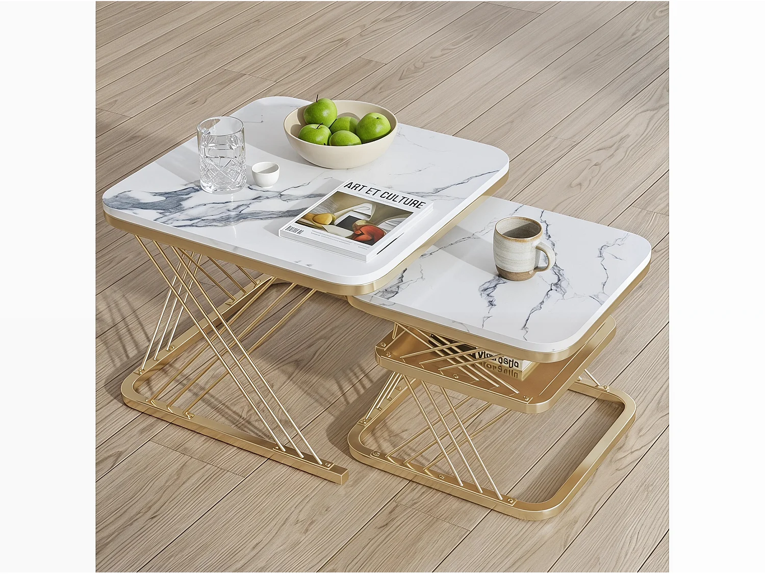 Lot de 2 tables basses gigognes blanches effet marbre, table basse de salon moderne avec structure en métal, noir ou doré