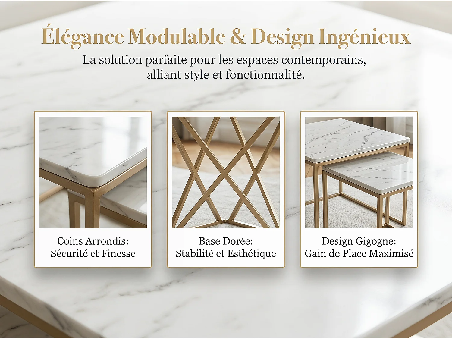 Lot de 2 tables basses gigognes blanches effet marbre, table basse de salon moderne avec structure en métal, noir ou doré
