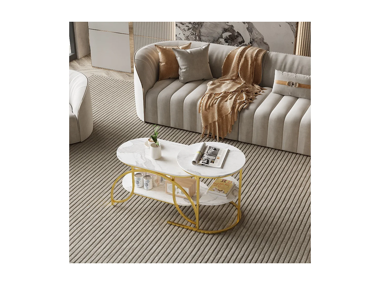 Lot de 2 tables basses gigognes avec rangement, table basse salon blanc, plateau effet marbre et structure métal moderne