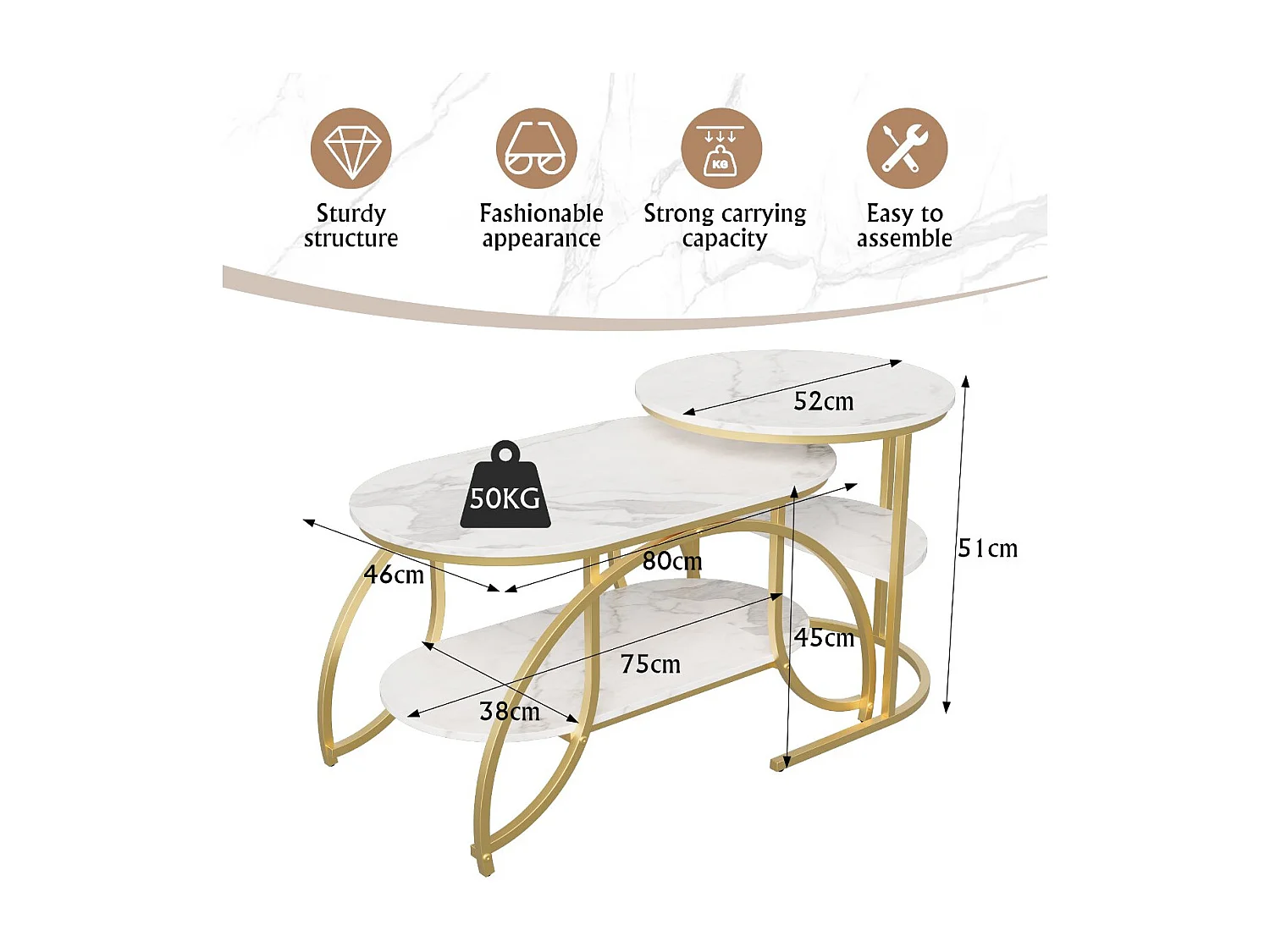 Lot de 2 tables basses gigognes avec rangement, table basse salon blanc, plateau effet marbre et structure métal moderne