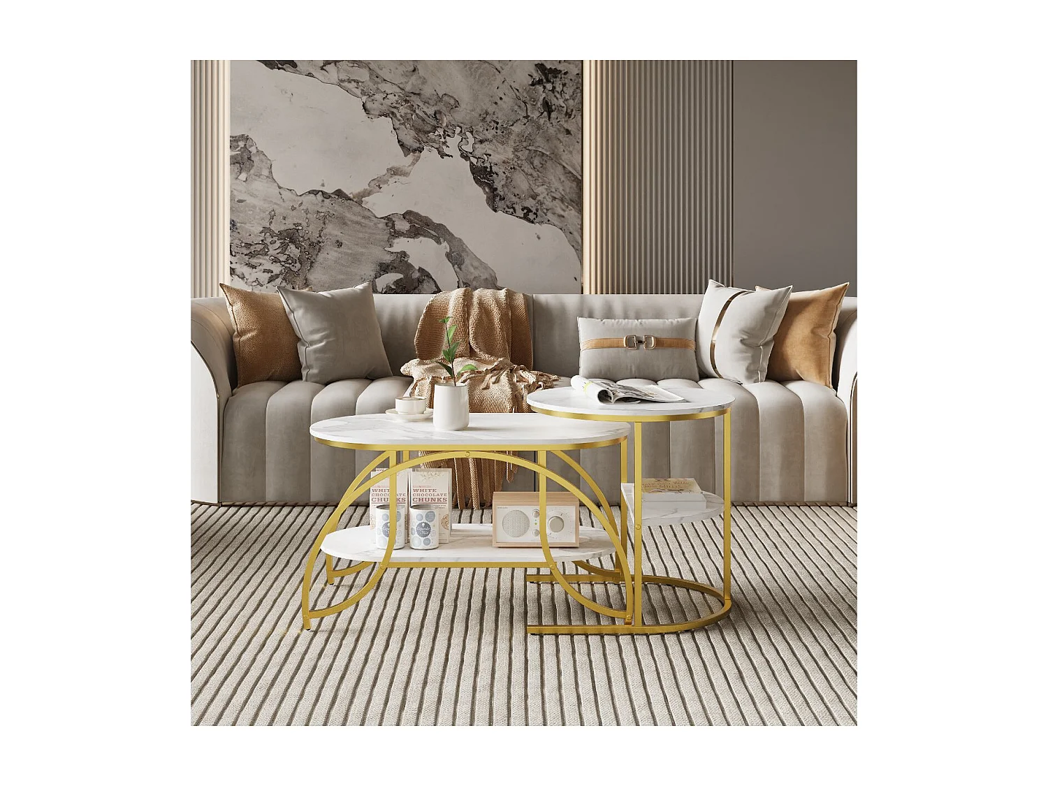 Lot de 2 tables basses gigognes avec rangement, table basse salon blanc, plateau effet marbre et structure métal moderne