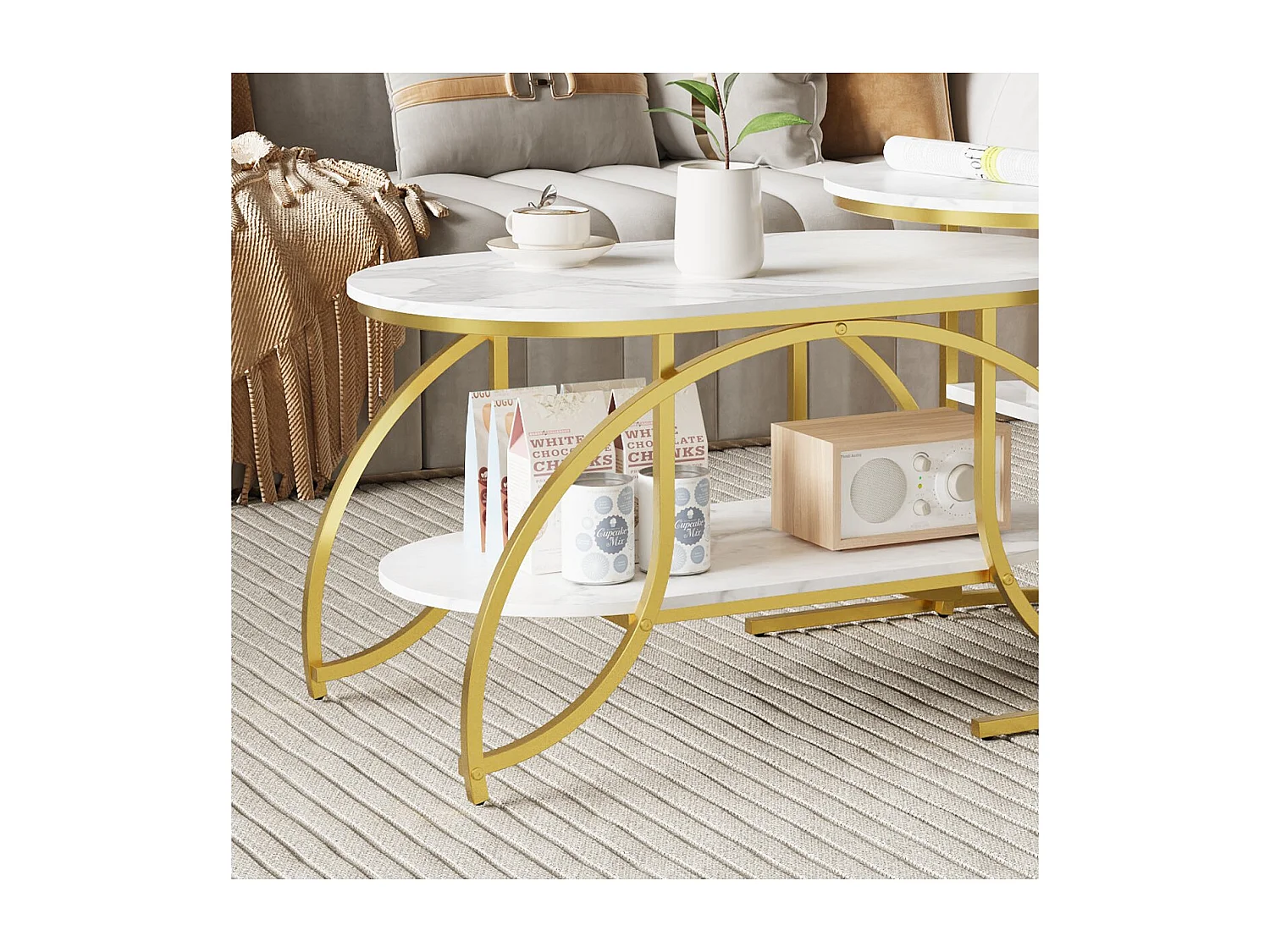 Lot de 2 tables basses gigognes avec rangement, table basse salon blanc, plateau effet marbre et structure métal moderne