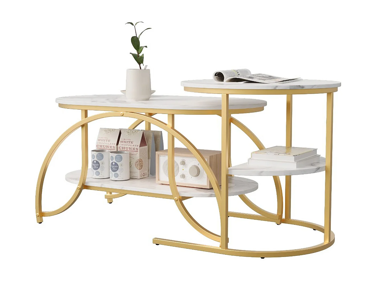 Lot de 2 tables basses gigognes avec rangement, table basse salon blanc, plateau effet marbre et structure métal moderne