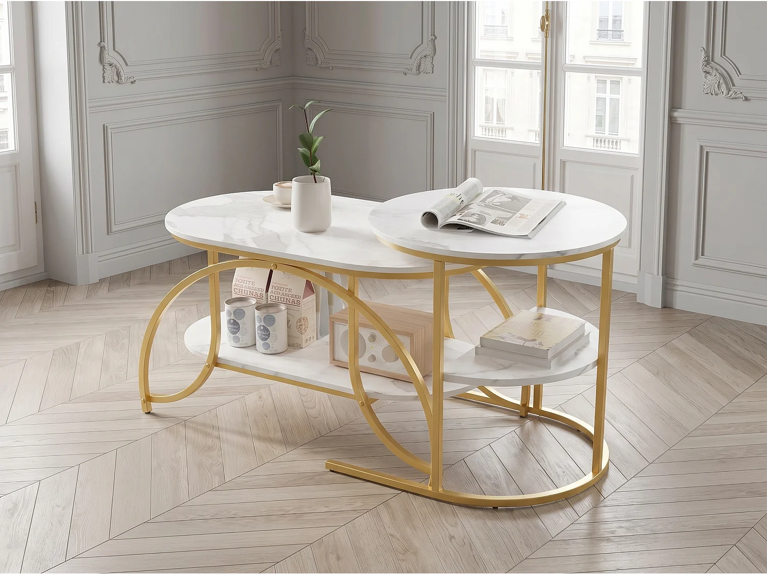 Lot de 2 tables basses gigognes avec rangement, table basse salon blanc, plateau effet marbre et structure métal moderne