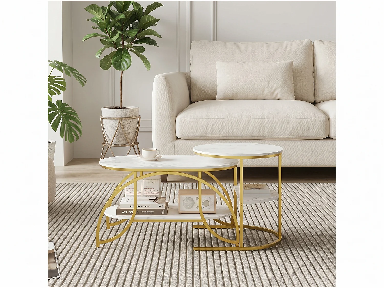 Lot de 2 tables basses gigognes avec rangement, table basse salon blanc, plateau effet marbre et structure métal moderne