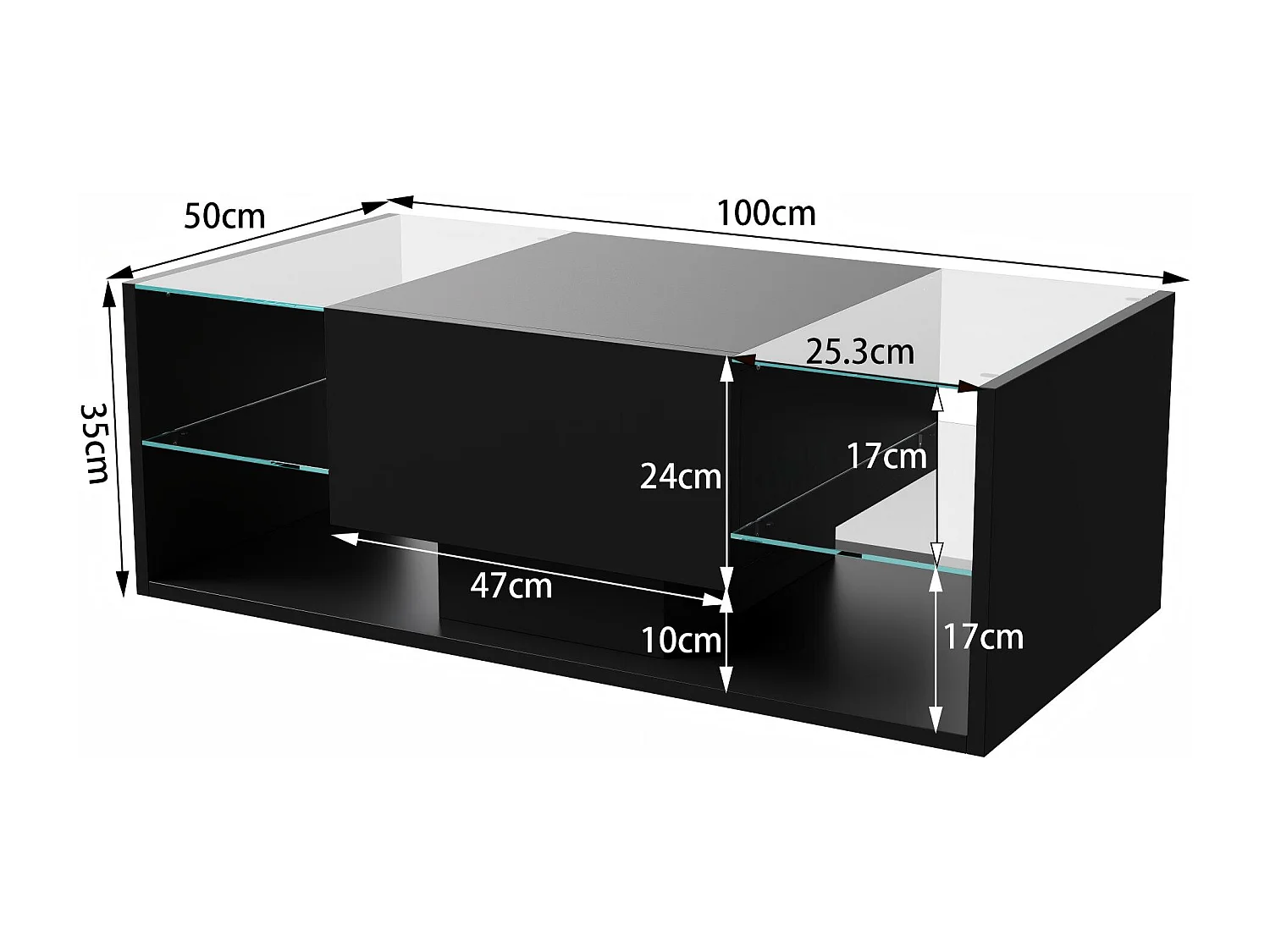 Table basse avec LED et étagères en verre, table de salon moderne avec rangements ouverts et plateau laqué, noir