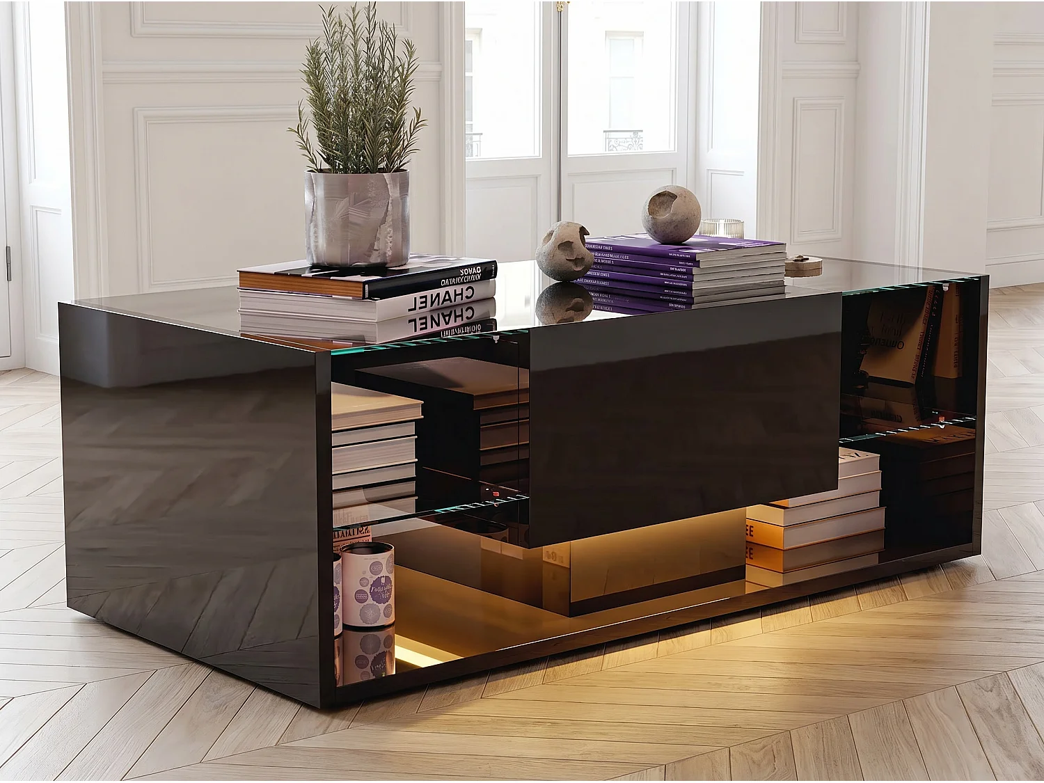 Table basse avec LED et étagères en verre, table de salon moderne avec rangements ouverts et plateau laqué, noir