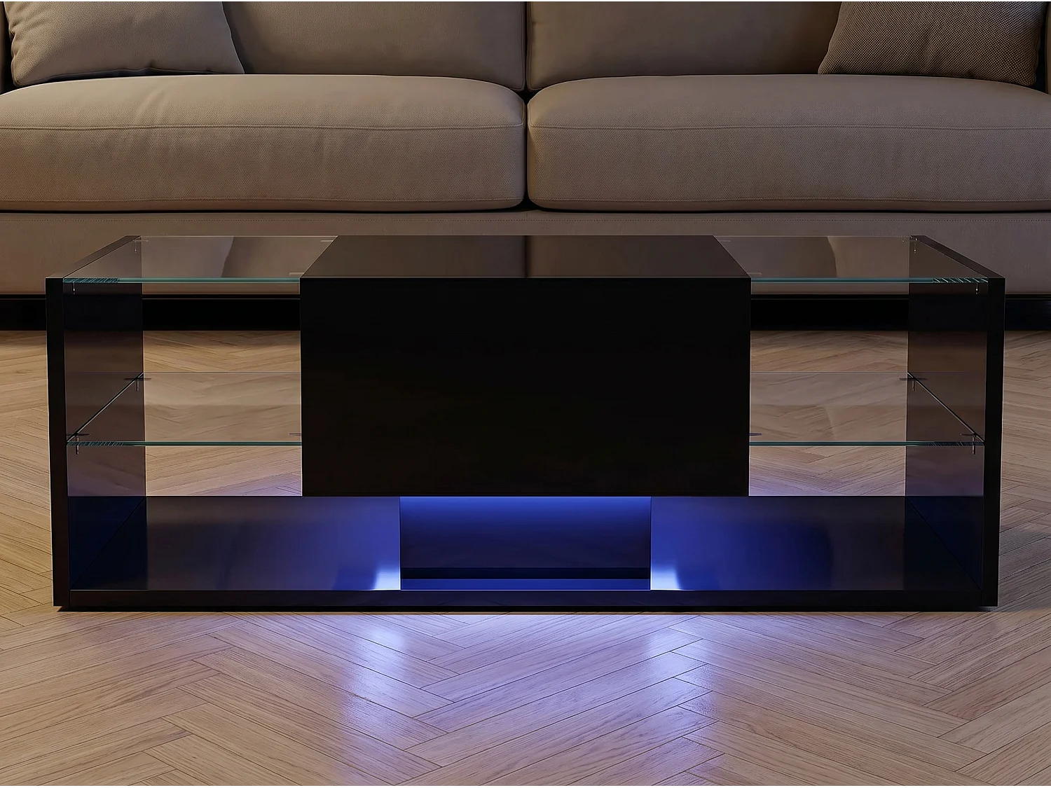 Table basse avec LED et étagères en verre, table de salon moderne avec rangements ouverts et plateau laqué, noir