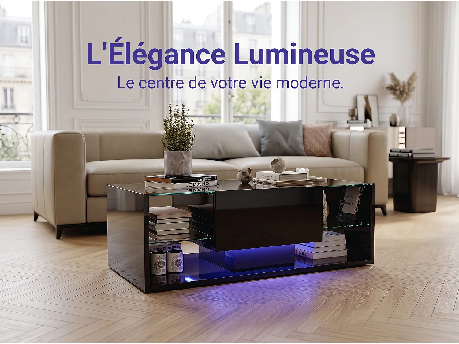 Table basse avec LED et étagères en verre, table de salon moderne avec rangements ouverts et plateau laqué, noir