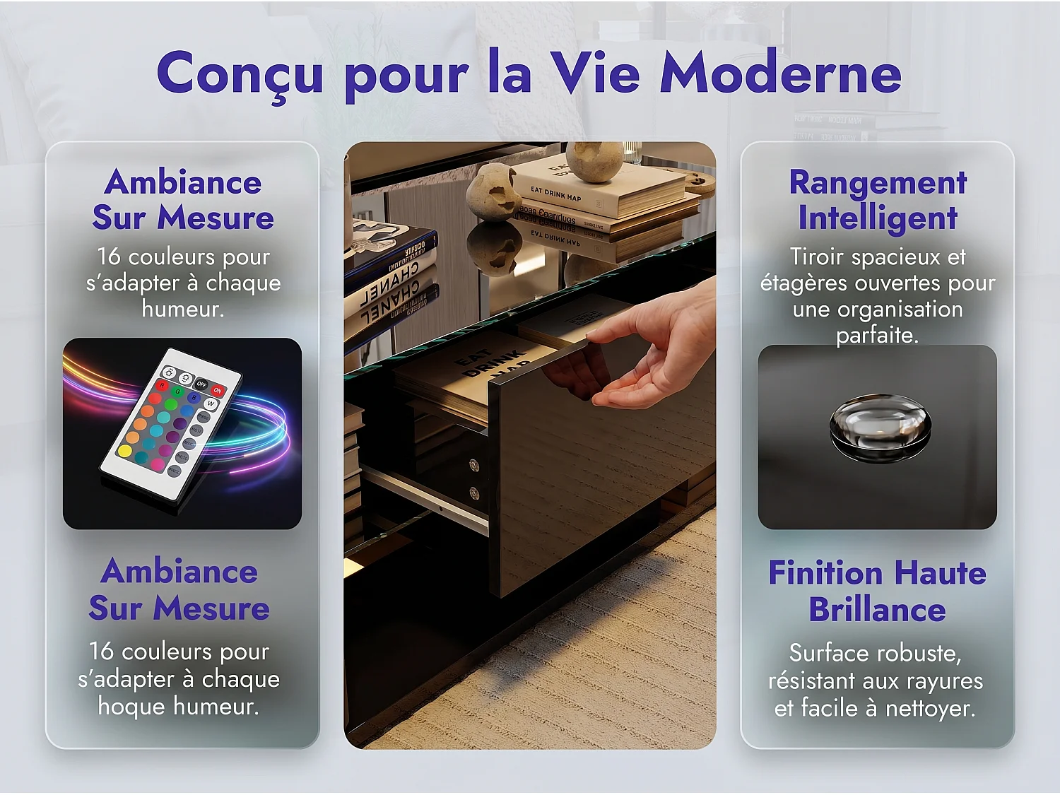 Table basse avec LED et étagères en verre, table de salon moderne avec rangements ouverts et plateau laqué, noir