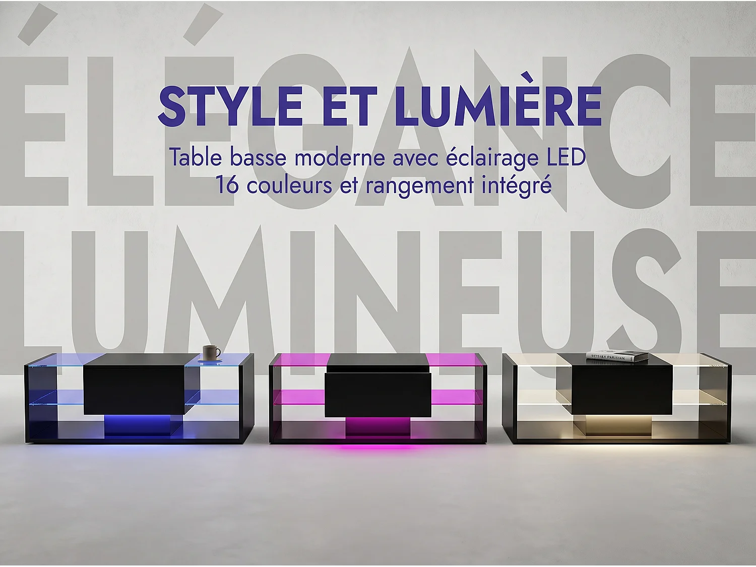 Table basse avec LED et étagères en verre, table de salon moderne avec rangements ouverts et plateau laqué, noir