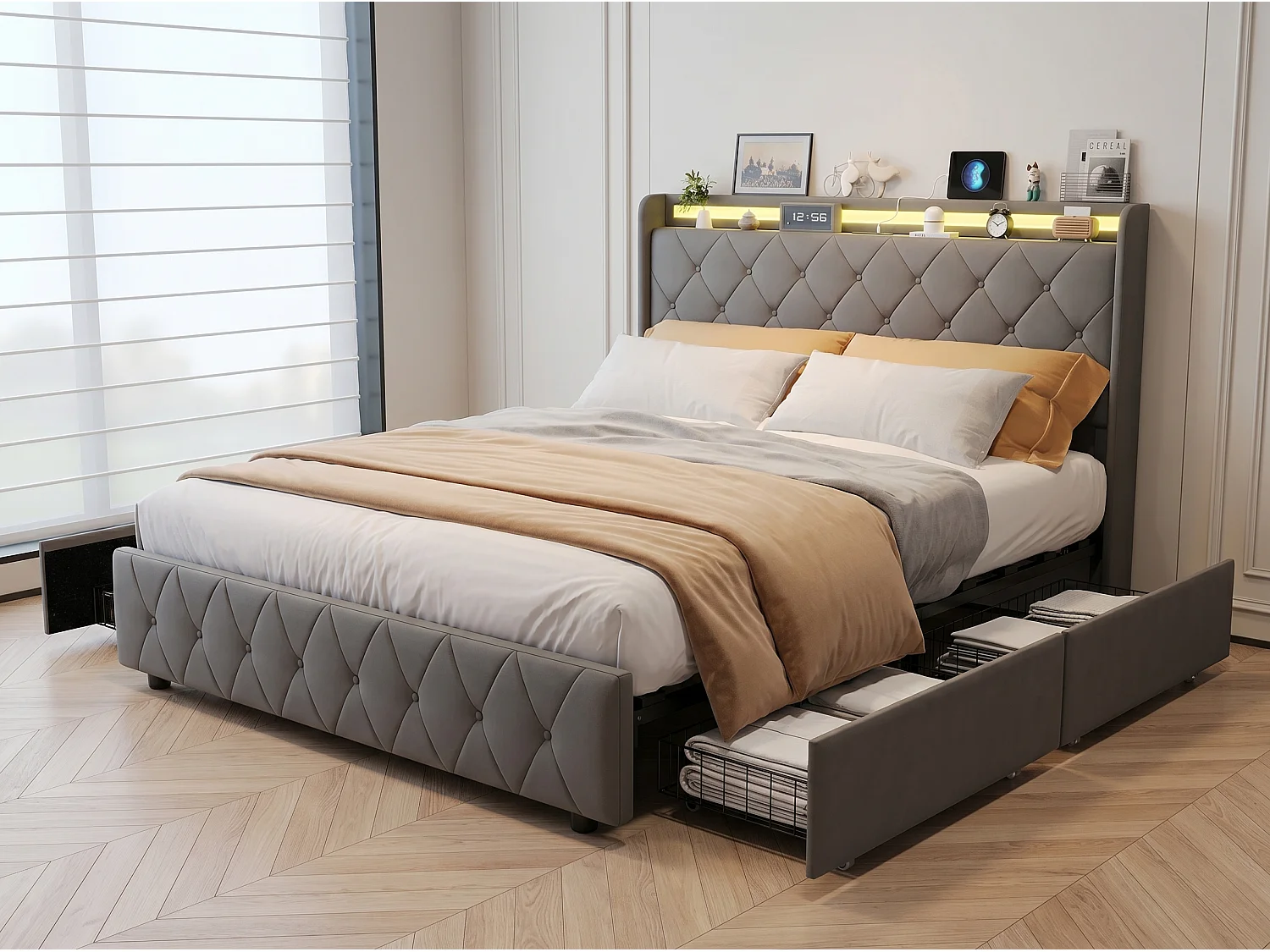 Lit rembourré 160x200 cm - avec éclairage LED - tête de lit avec étagère - similicuir PU gris - sommier à lattes inclus