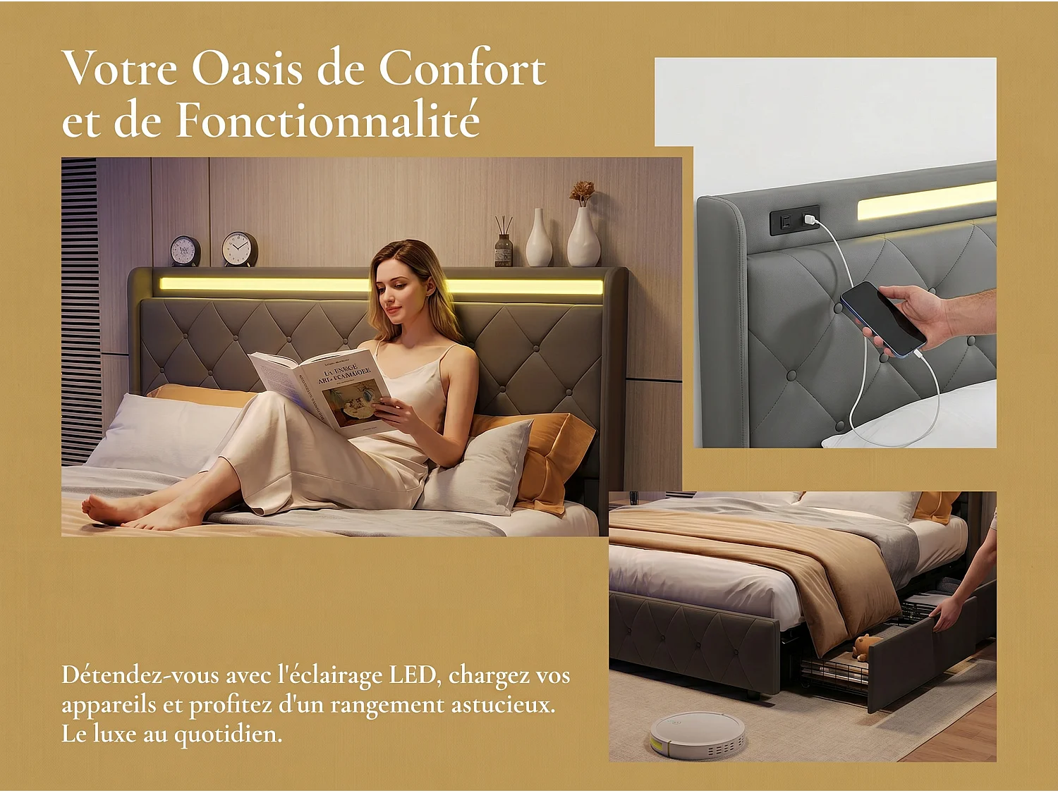 Lit rembourré 160x200 cm - avec éclairage LED - tête de lit avec étagère - similicuir PU gris - sommier à lattes inclus