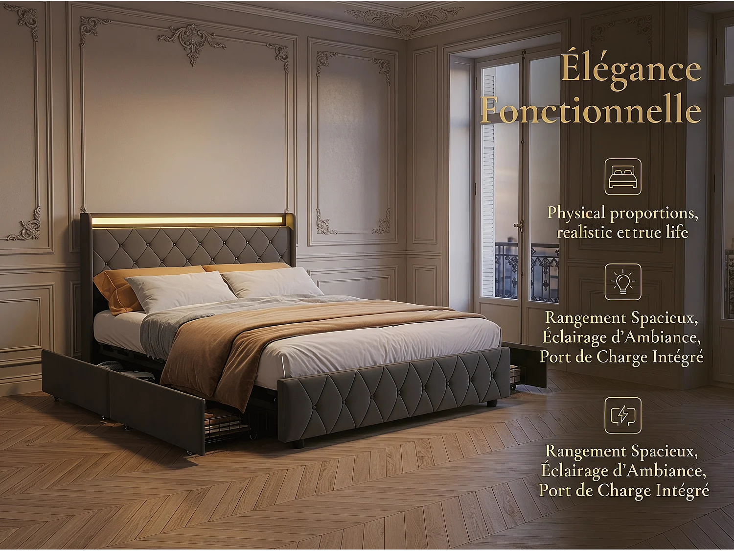 Lit rembourré 160x200 cm - avec éclairage LED - tête de lit avec étagère - similicuir PU gris - sommier à lattes inclus
