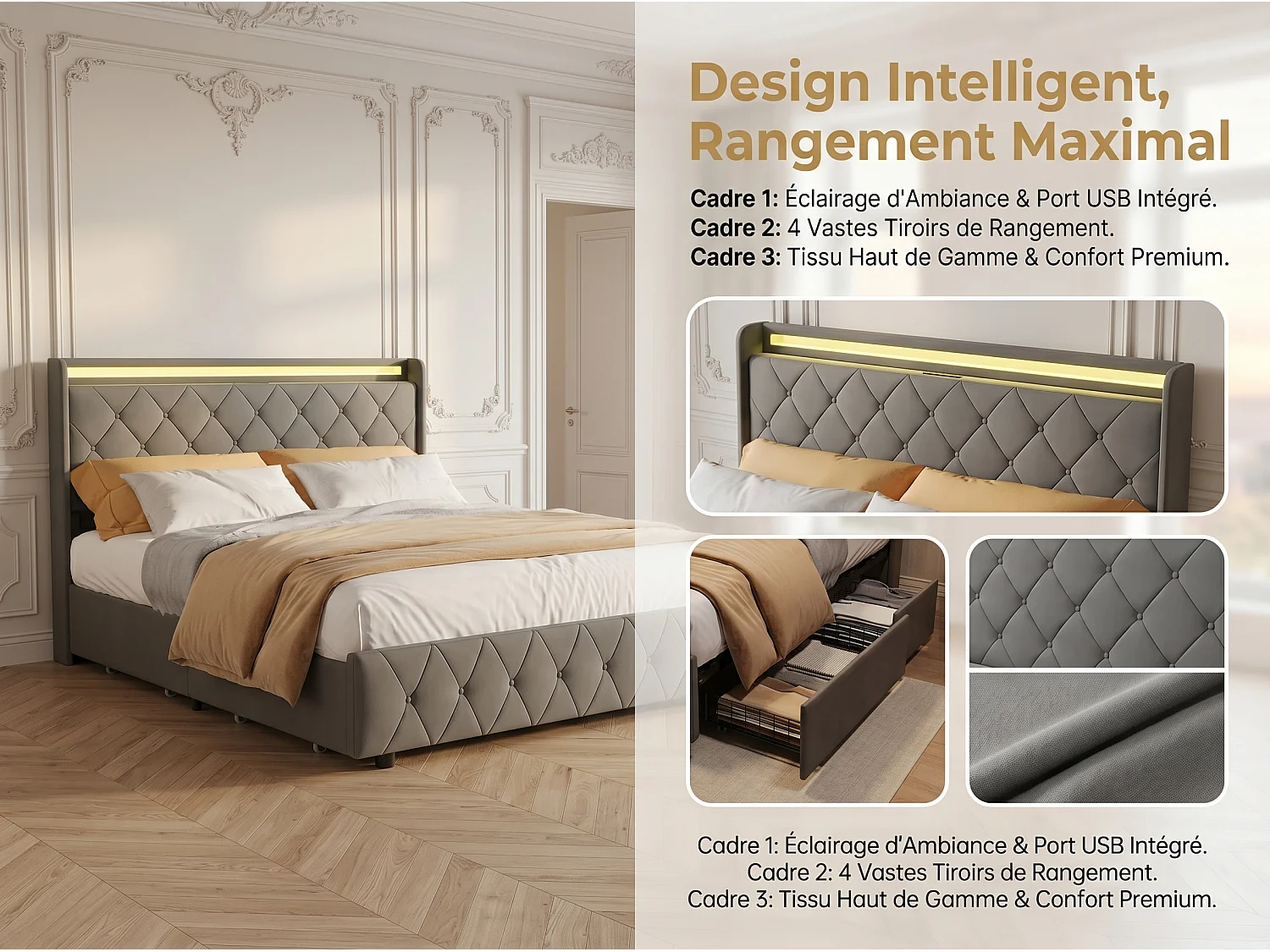 Lit rembourré 160x200 cm - avec éclairage LED - tête de lit avec étagère - similicuir PU gris - sommier à lattes inclus