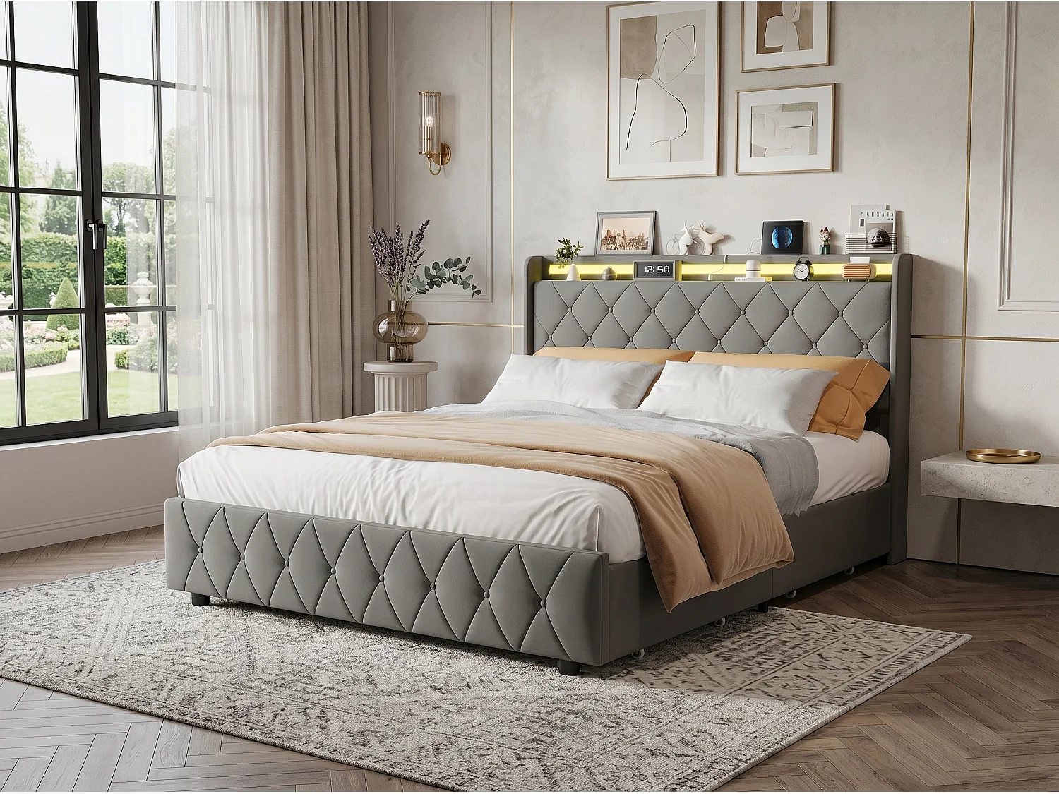 Lit rembourré 160x200 cm - avec éclairage LED - tête de lit avec étagère - similicuir PU gris - sommier à lattes inclus