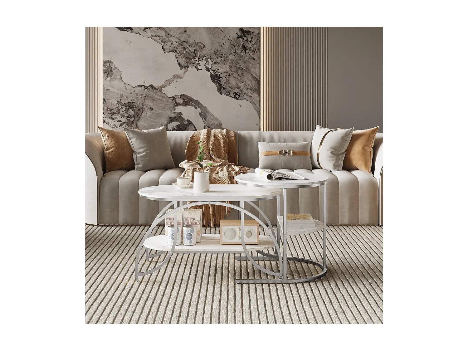 Lot de 2 tables basses gigognes avec rangement, table basse salon doré, plateau effet marbre et structure métal moderne