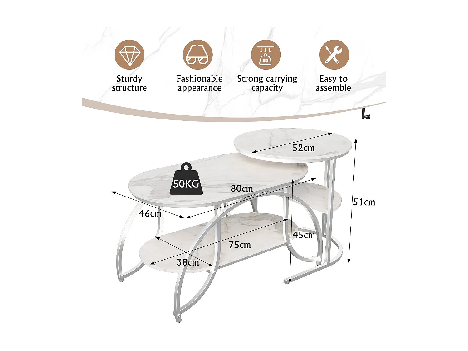 Lot de 2 tables basses gigognes avec rangement, table basse salon doré, plateau effet marbre et structure métal moderne