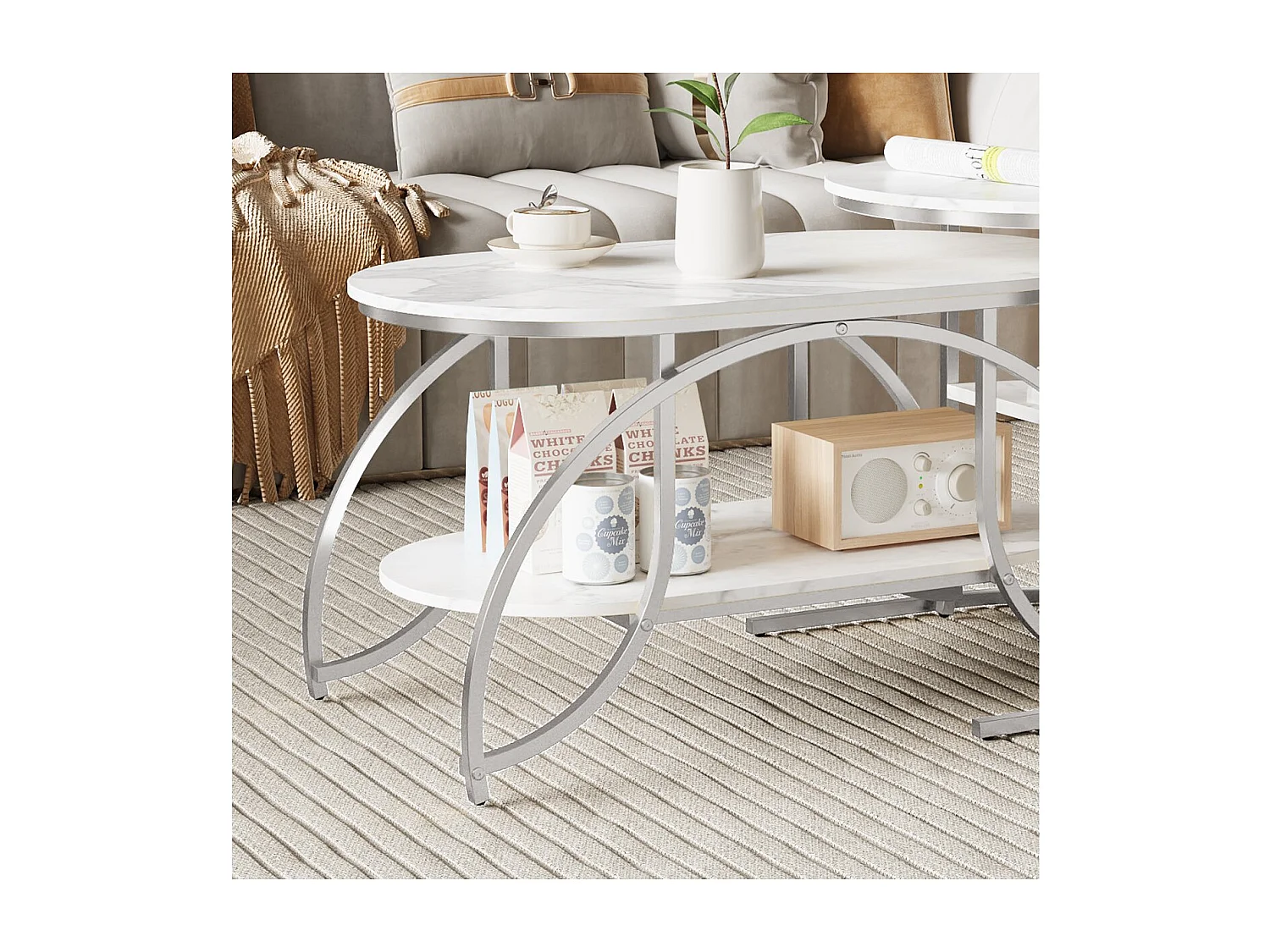 Lot de 2 tables basses gigognes avec rangement, table basse salon doré, plateau effet marbre et structure métal moderne