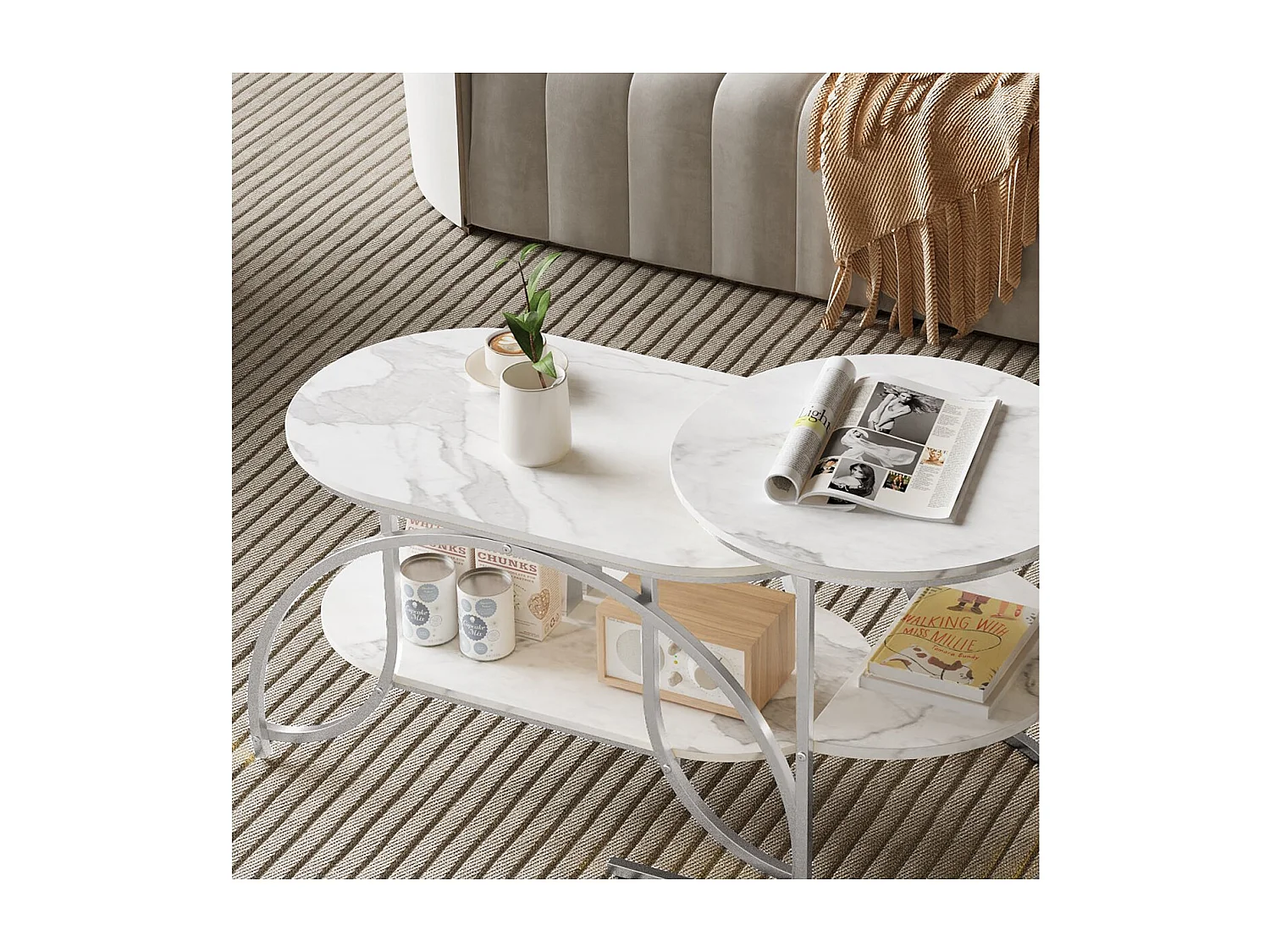 Lot de 2 tables basses gigognes avec rangement, table basse salon doré, plateau effet marbre et structure métal moderne