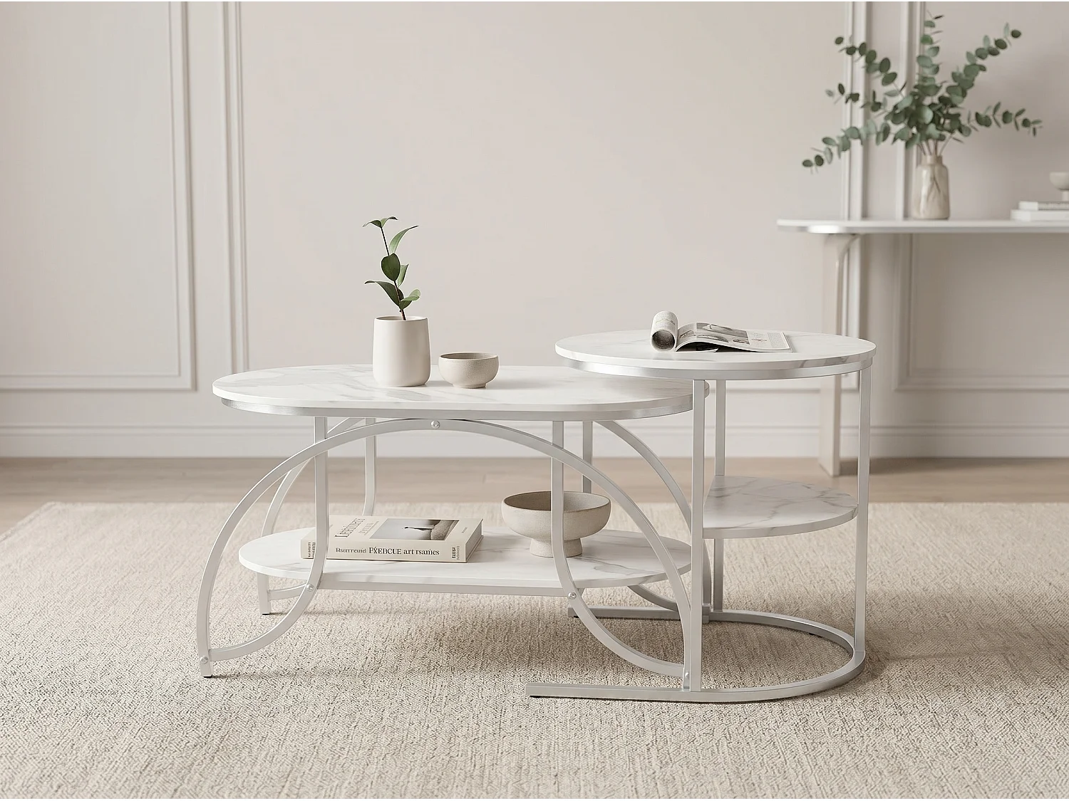 Lot de 2 tables basses gigognes avec rangement, table basse salon doré, plateau effet marbre et structure métal moderne