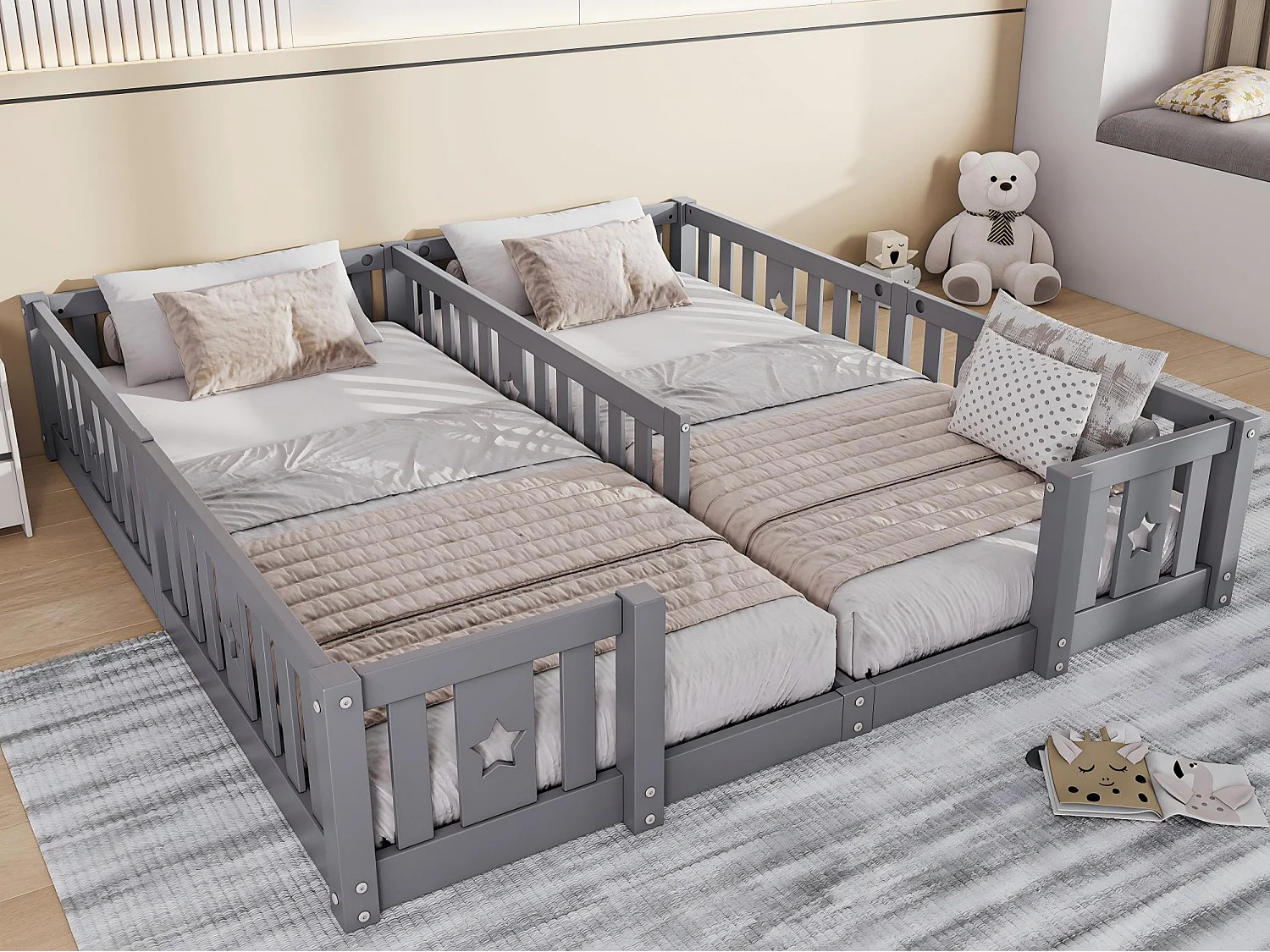 Lit enfant 180x200 cm en bois massif, lit au sol avec barrières, structure à barreaux avec motif étoile