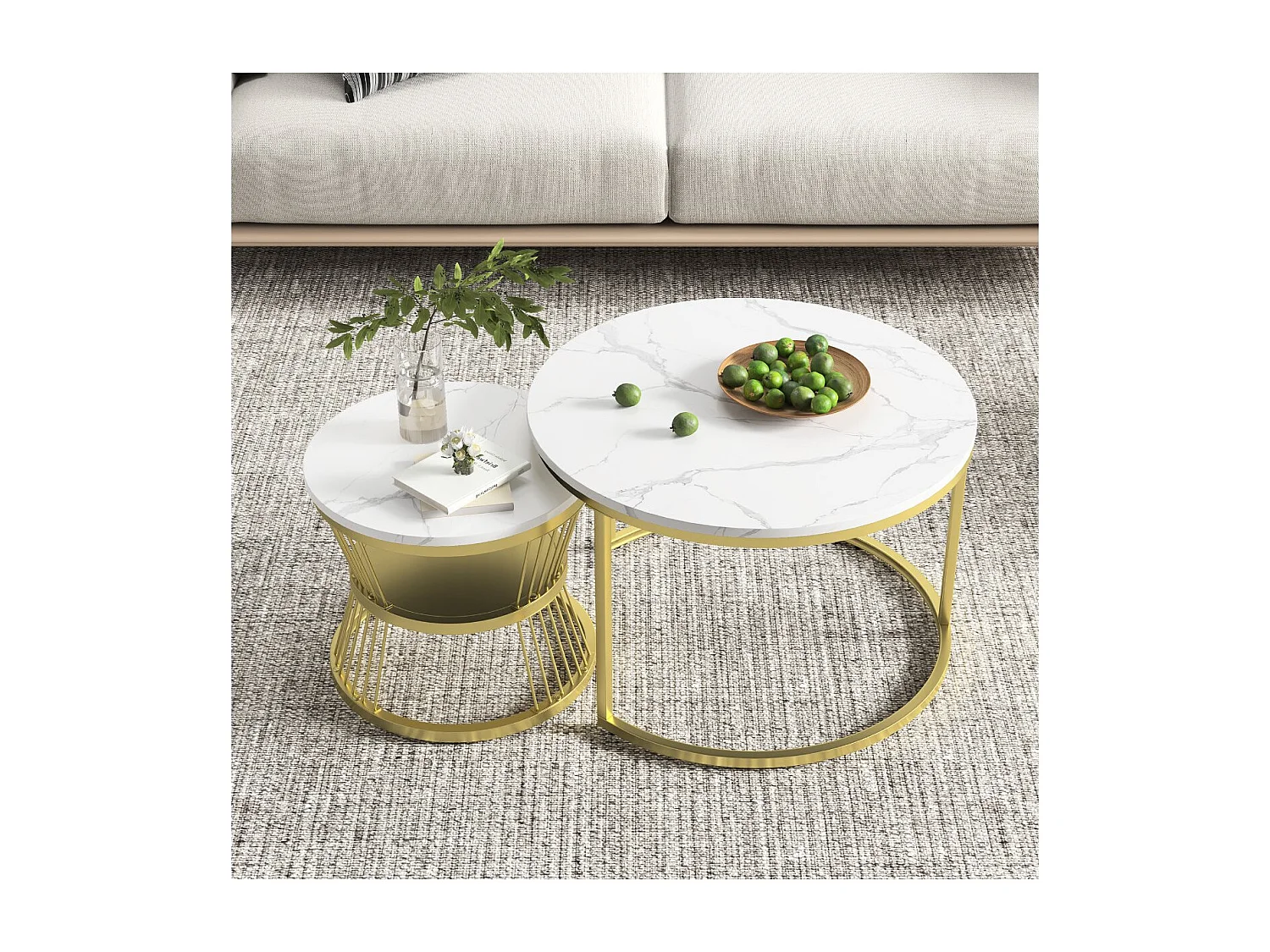 Lot de 2 tables basses gigognes rondes effet marbre, table basse de salon moderne avec structure en métal,doré