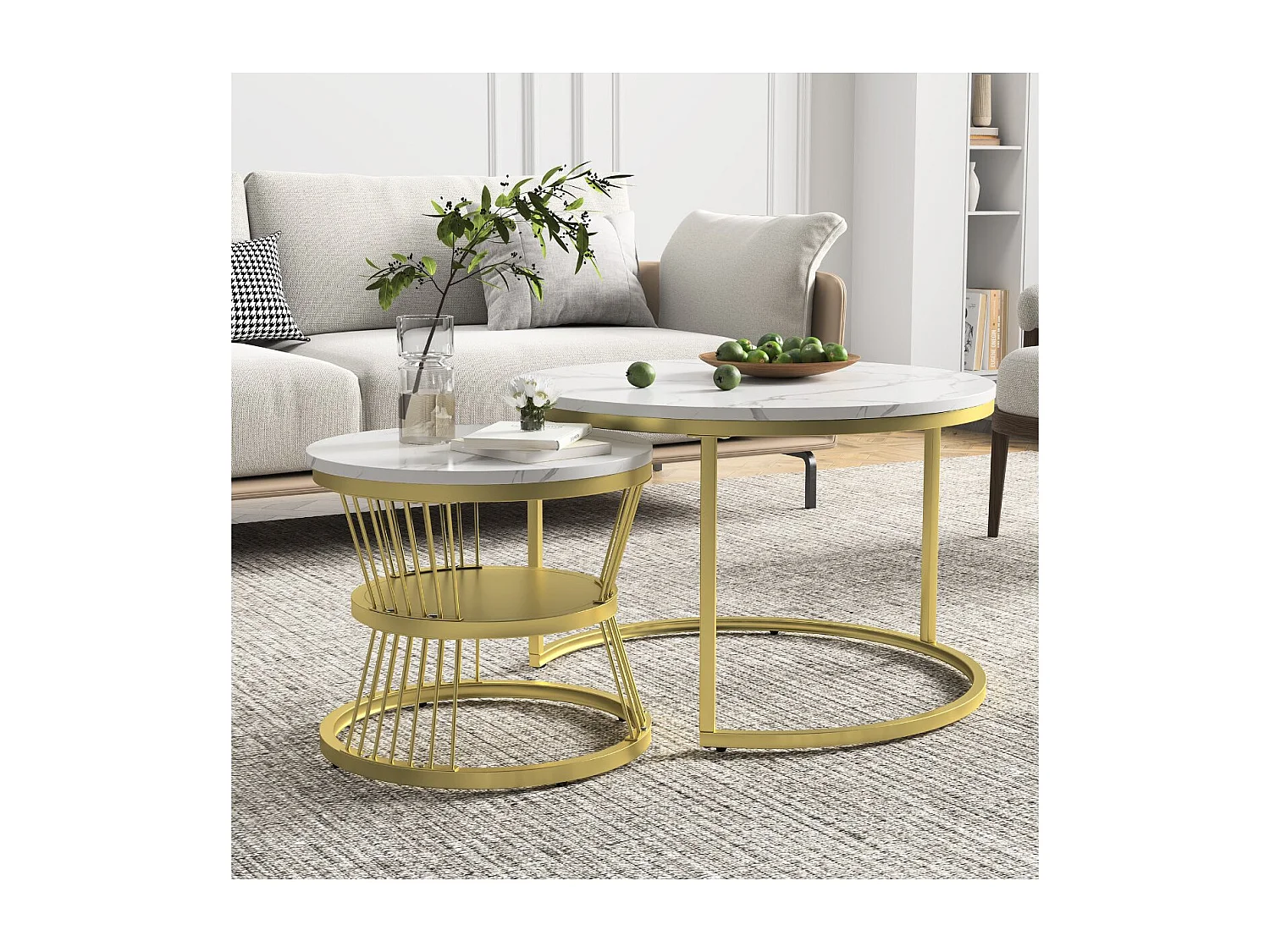 Lot de 2 tables basses gigognes rondes effet marbre, table basse de salon moderne avec structure en métal,doré