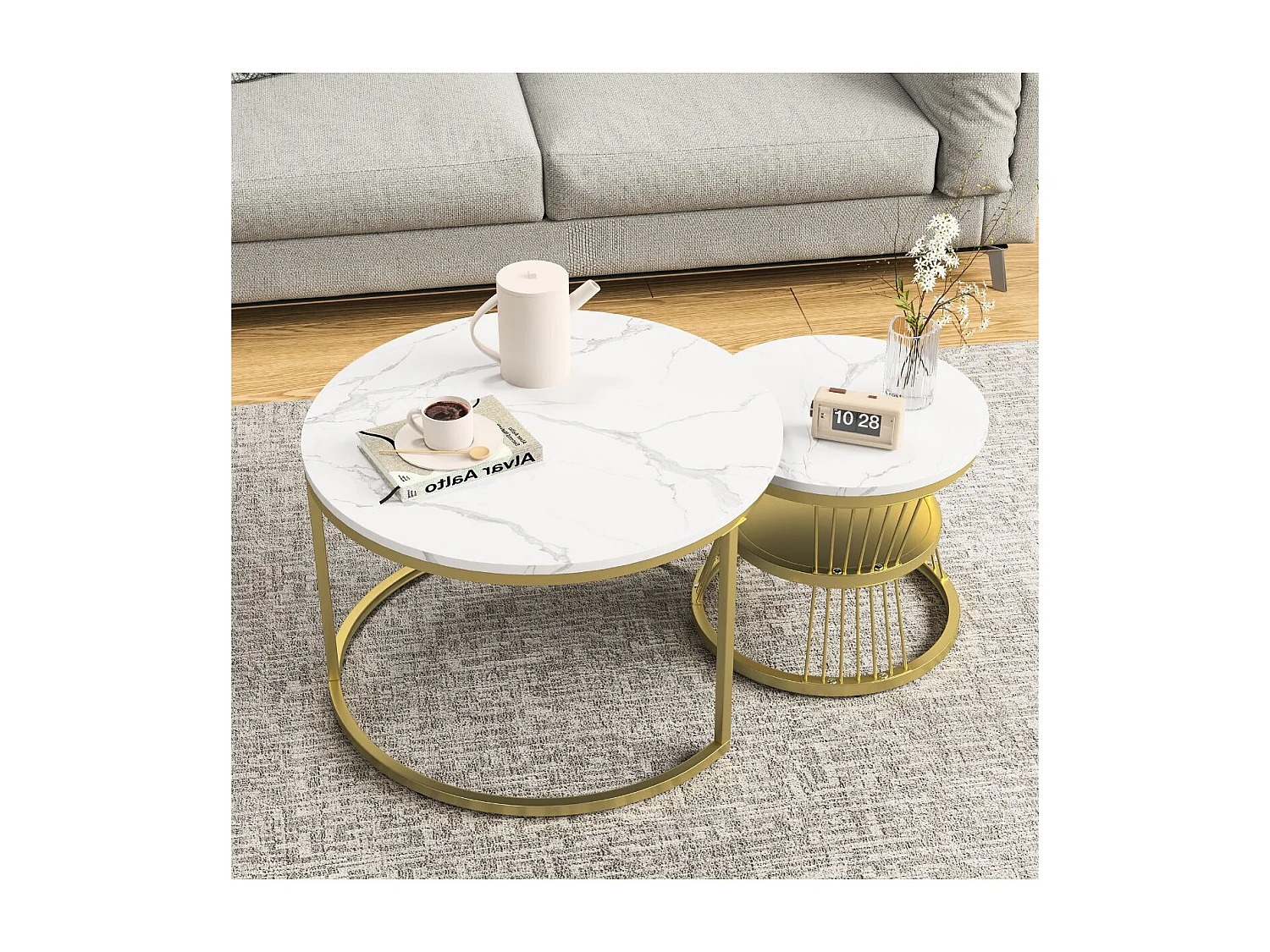 Lot de 2 tables basses gigognes rondes effet marbre, table basse de salon moderne avec structure en métal,doré