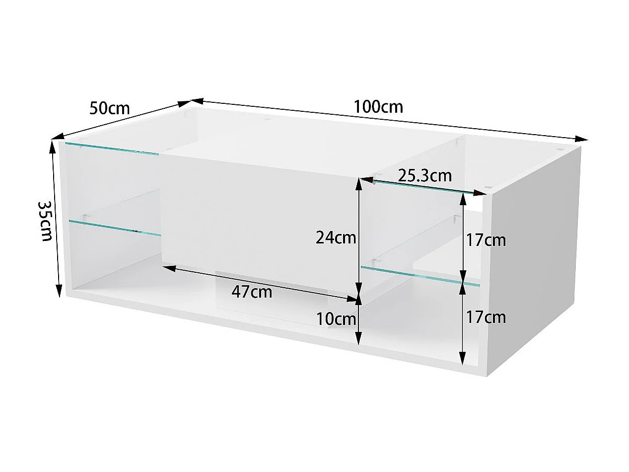 Table basse avec LED et étagères en verre, table de salon moderne avec rangements ouverts et plateau laqué, blanc