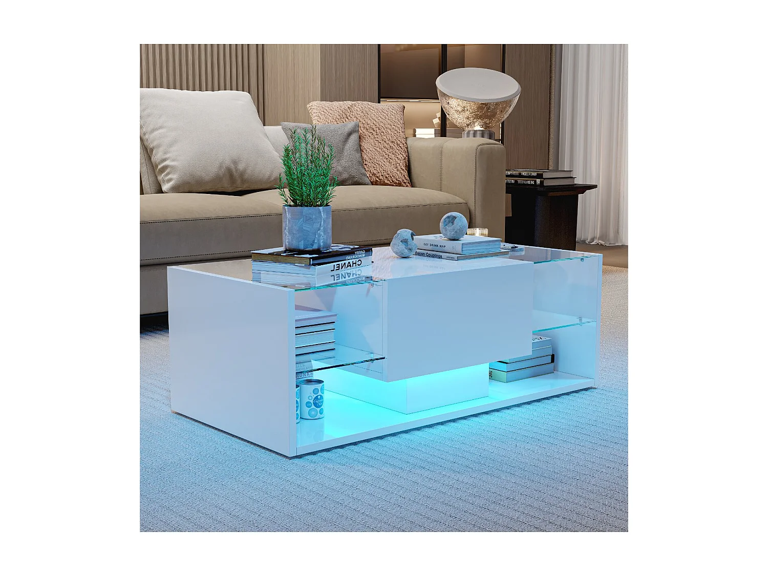 Table basse avec LED et étagères en verre, table de salon moderne avec rangements ouverts et plateau laqué, blanc
