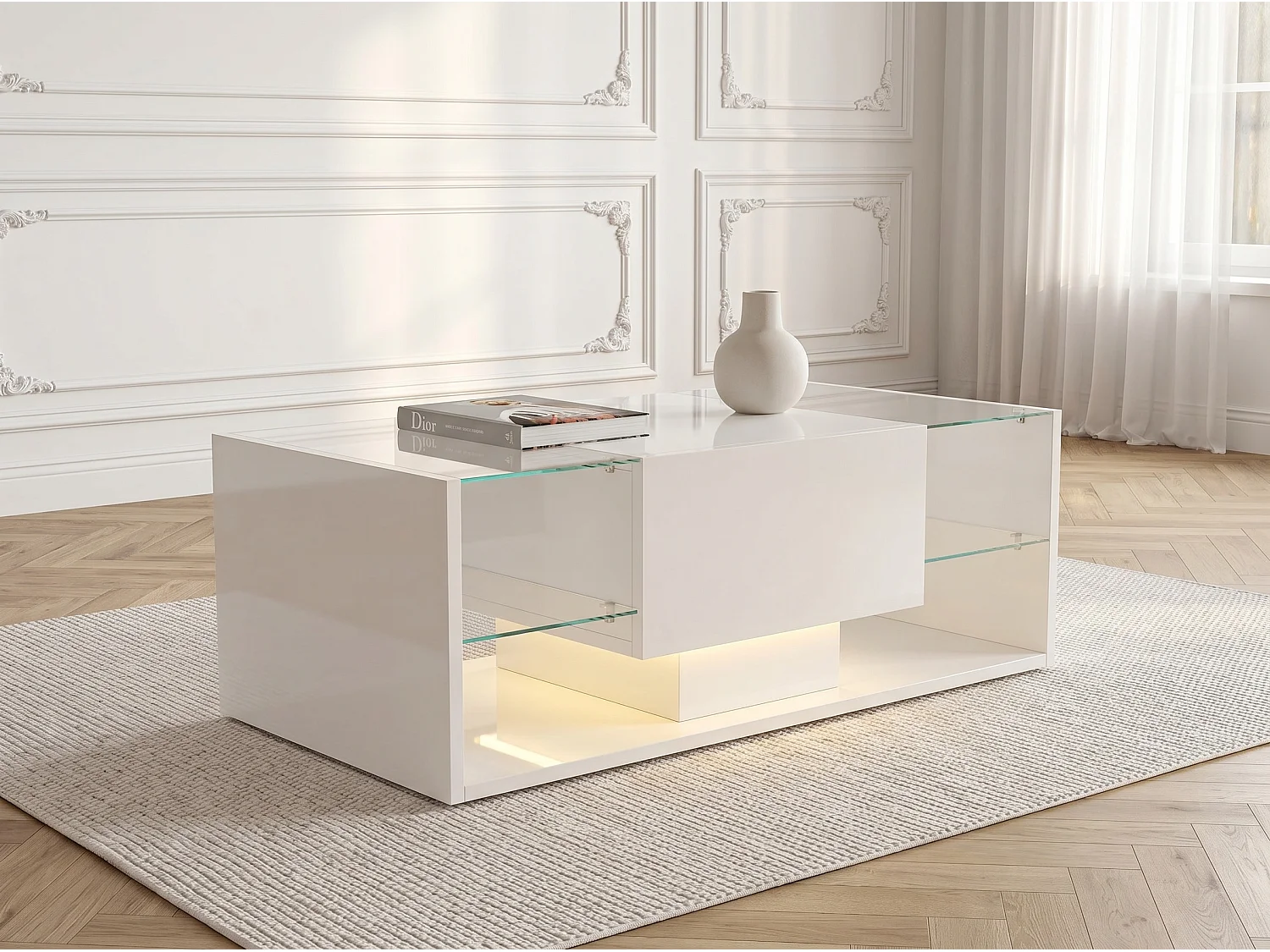 Table basse avec LED et étagères en verre, table de salon moderne avec rangements ouverts et plateau laqué, blanc