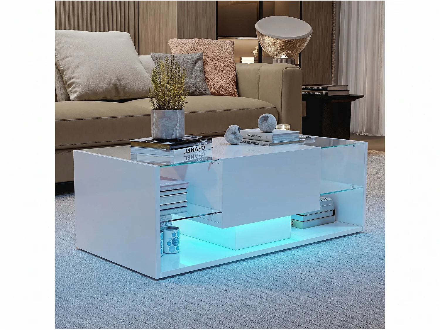 Table basse avec LED et étagères en verre, table de salon moderne avec rangements ouverts et plateau laqué, blanc