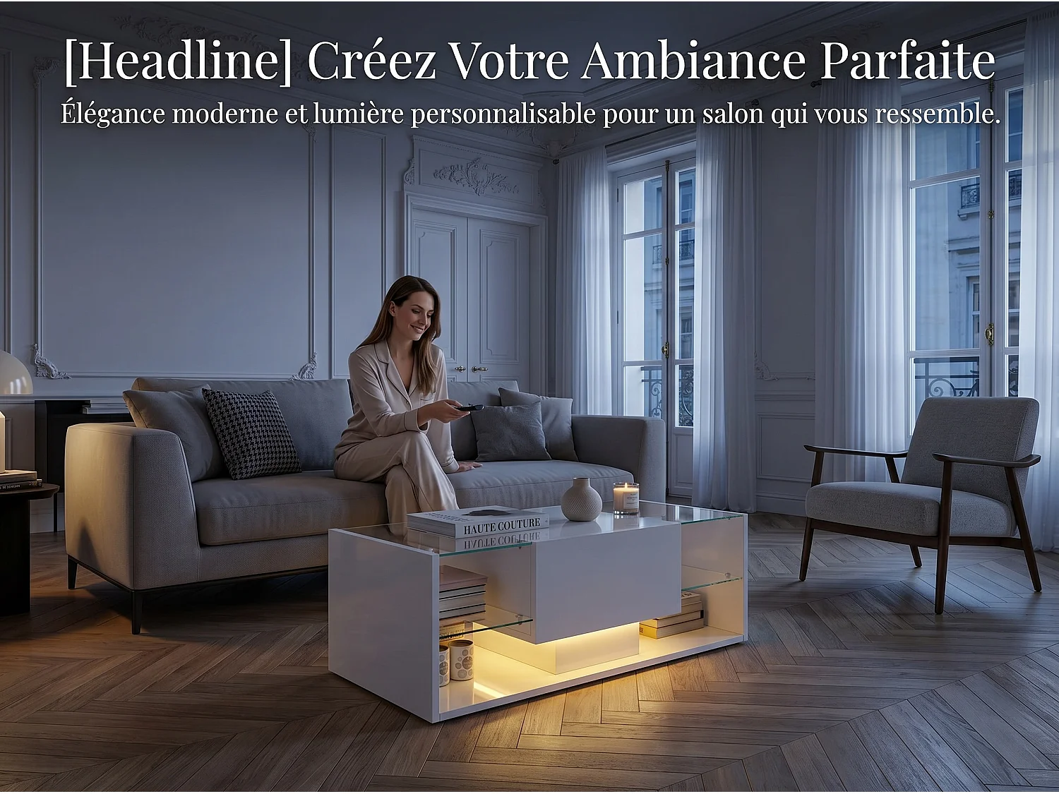 Table basse avec LED et étagères en verre, table de salon moderne avec rangements ouverts et plateau laqué, blanc