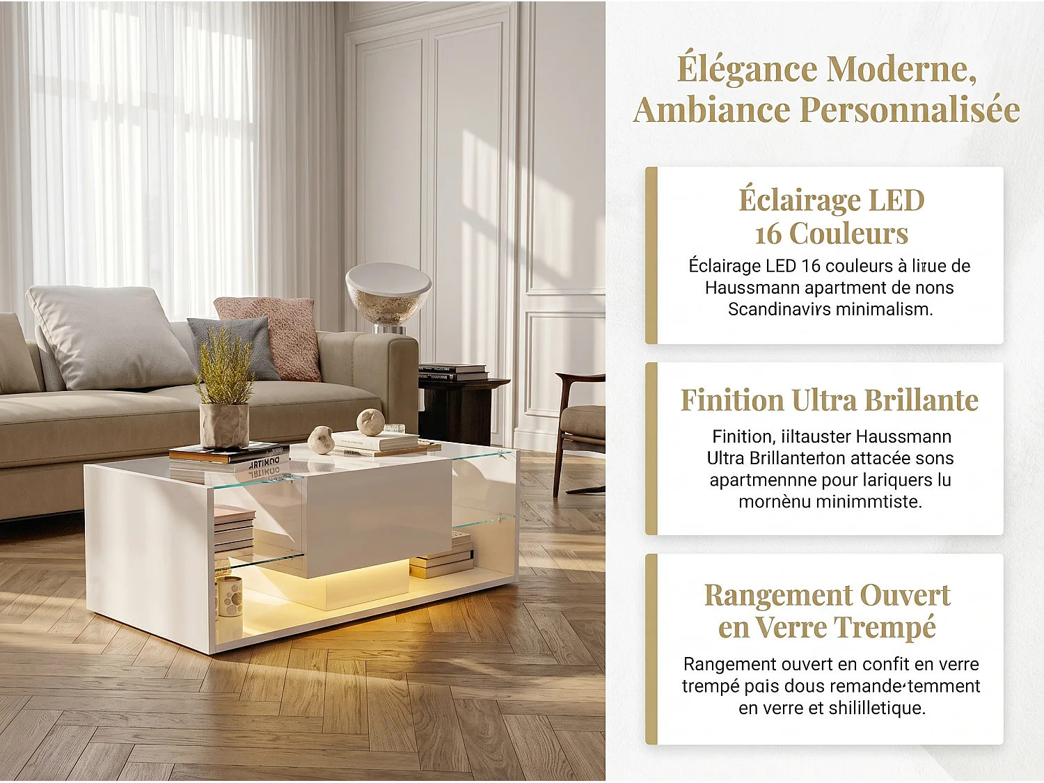 Table basse avec LED et étagères en verre, table de salon moderne avec rangements ouverts et plateau laqué, blanc