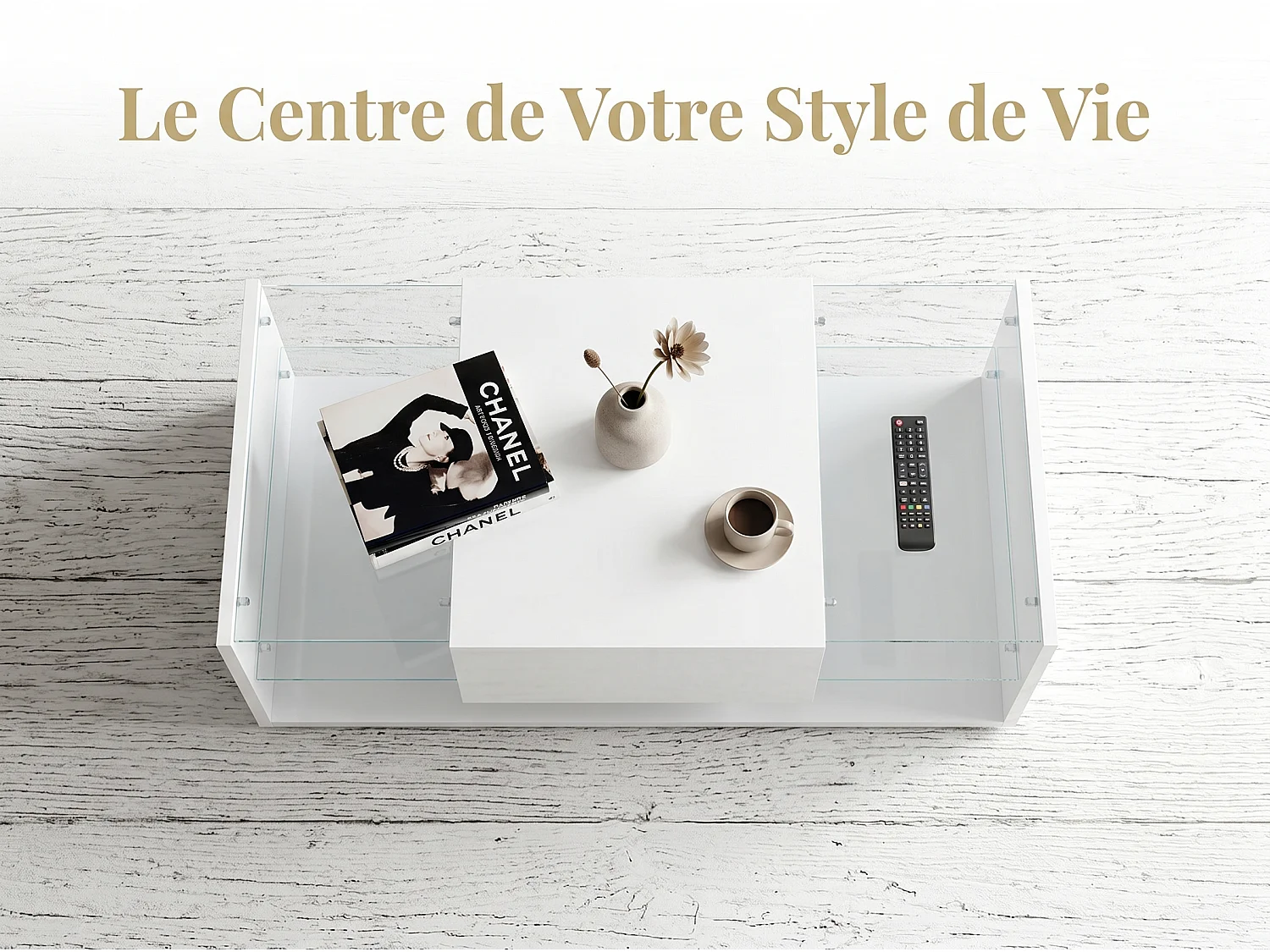 Table basse avec LED et étagères en verre, table de salon moderne avec rangements ouverts et plateau laqué, blanc