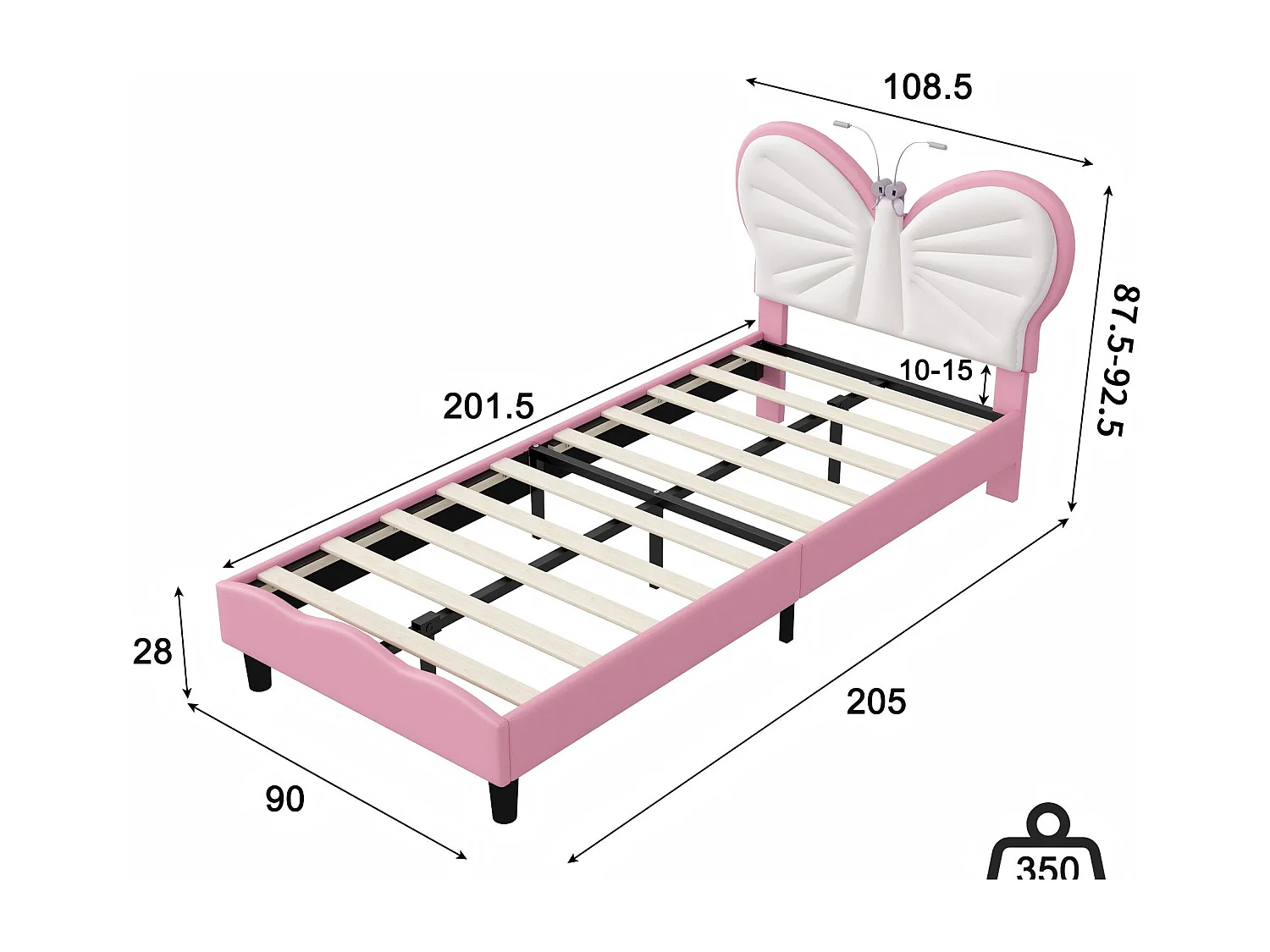 Lit 90x200 enfant avec LED, lit rembourré velours, tête de lit papillon réglable, sommier à lattes