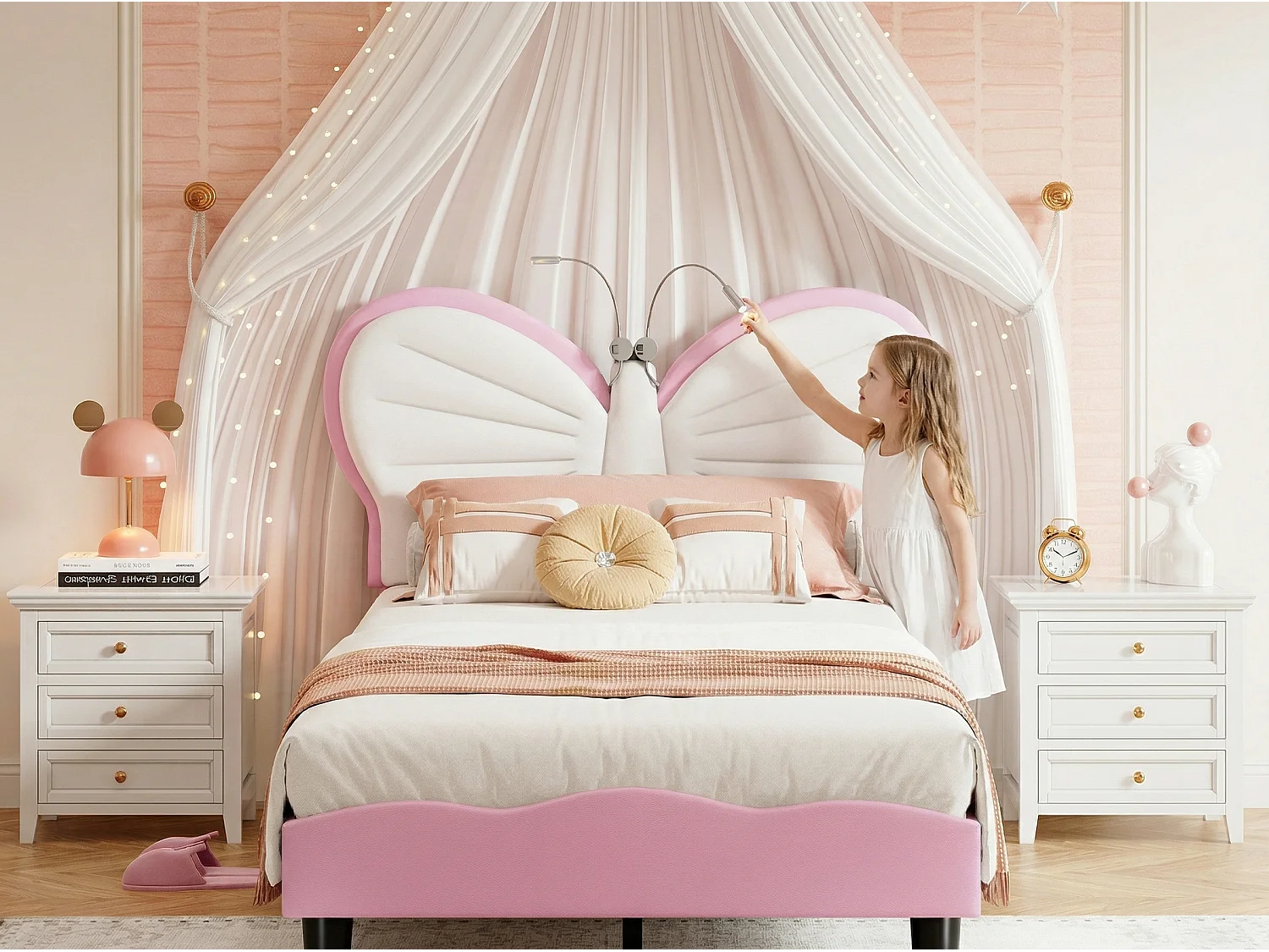 Lit 90x200 enfant avec LED, lit rembourré velours, tête de lit papillon réglable, sommier à lattes