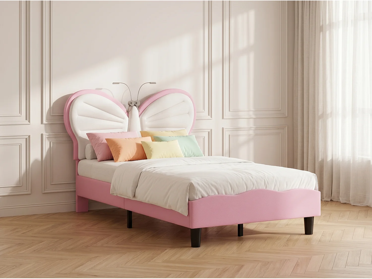 Lit enfant 90x200 cm - LED intégrée - Velours - Tête de lit papillon réglable - Sommier à lattes inclus