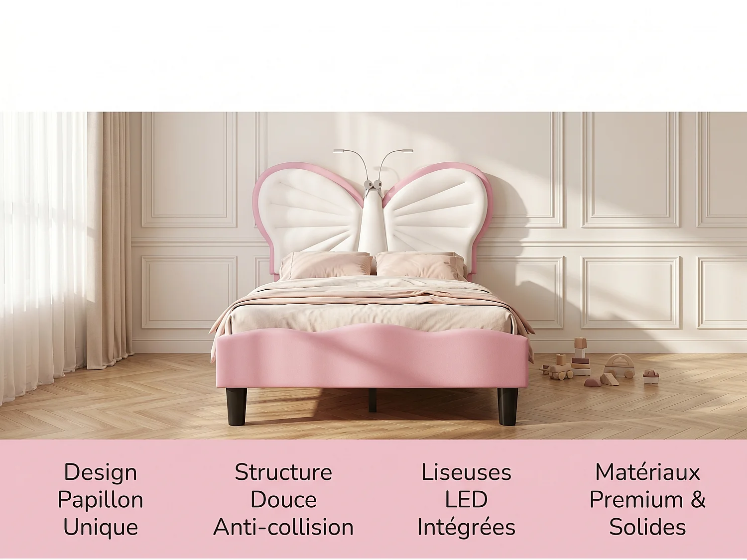 Lit enfant 90x200 cm - LED intégrée - Velours - Tête de lit papillon réglable - Sommier à lattes inclus
